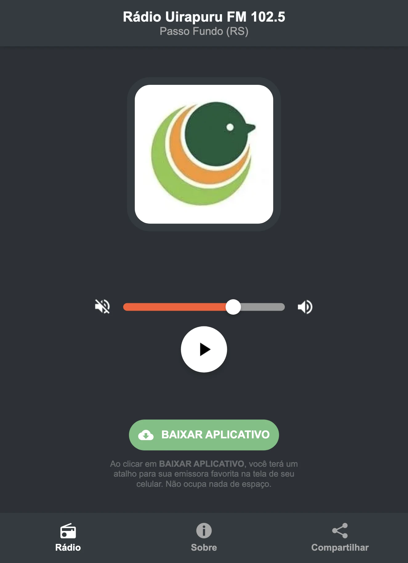 Screenshot do aplicativo da Rádio Uirapuru FM 102.5
