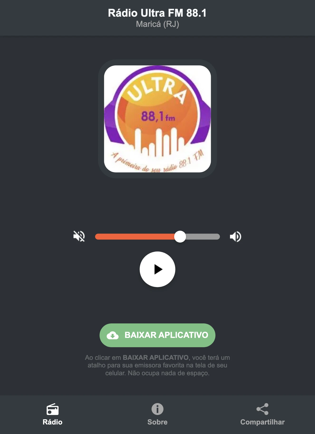 Screenshot do aplicativo da Rádio Ultra FM 88.1