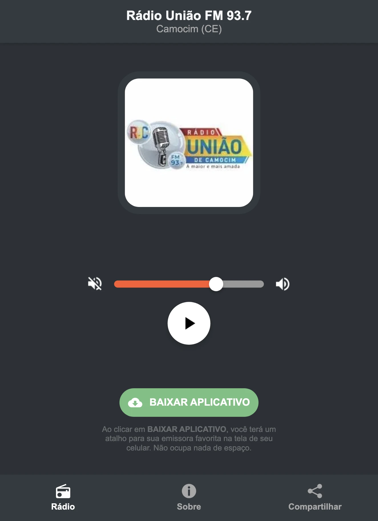 Screenshot do aplicativo da Rádio União FM 93.7