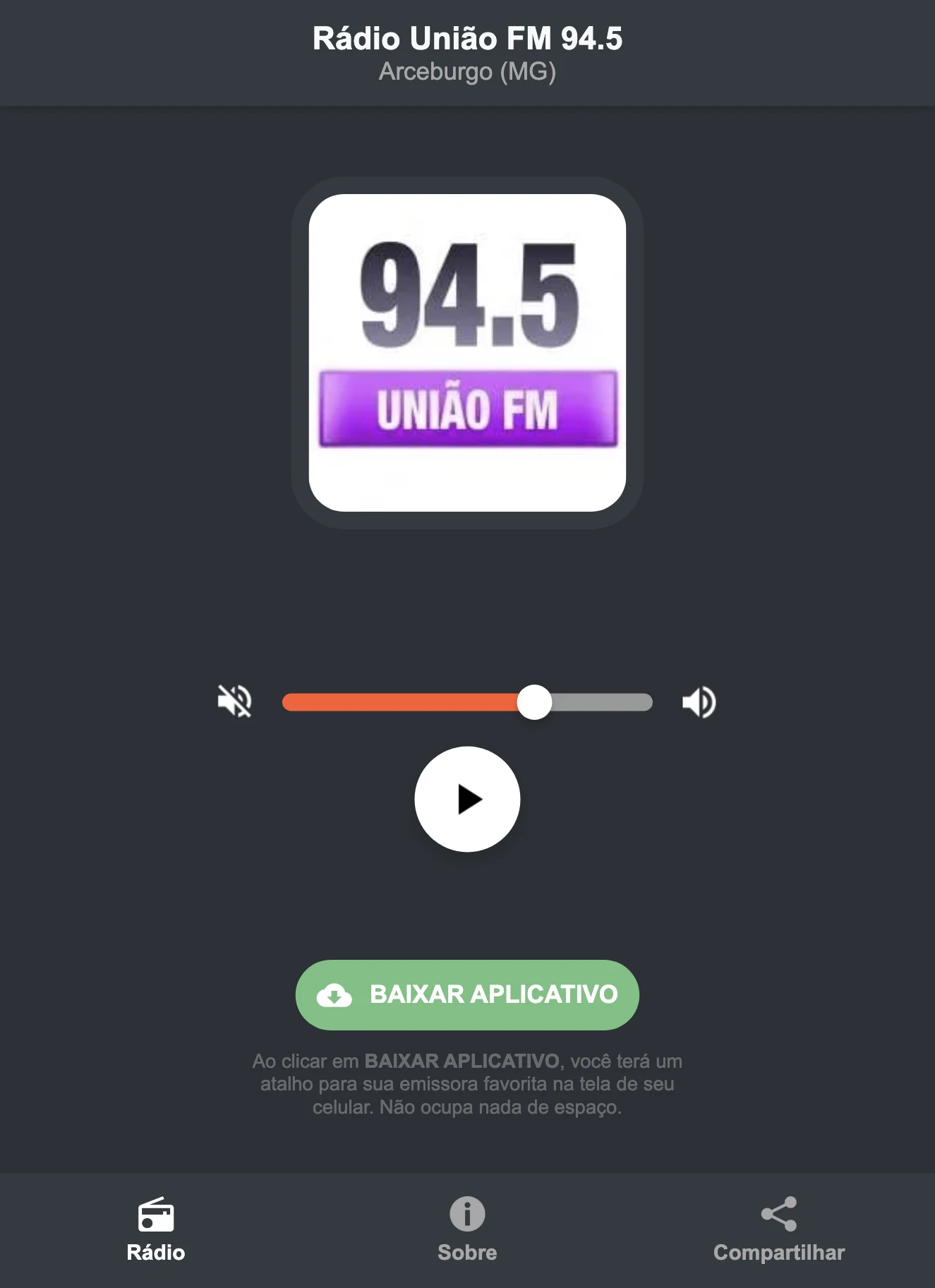 Screenshot do aplicativo da Rádio União FM 94.5