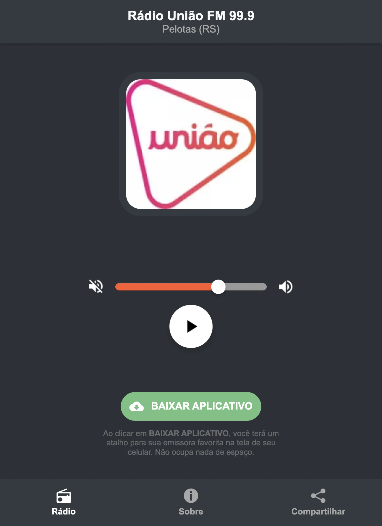 Screenshot do aplicativo da Rádio União FM 99.9