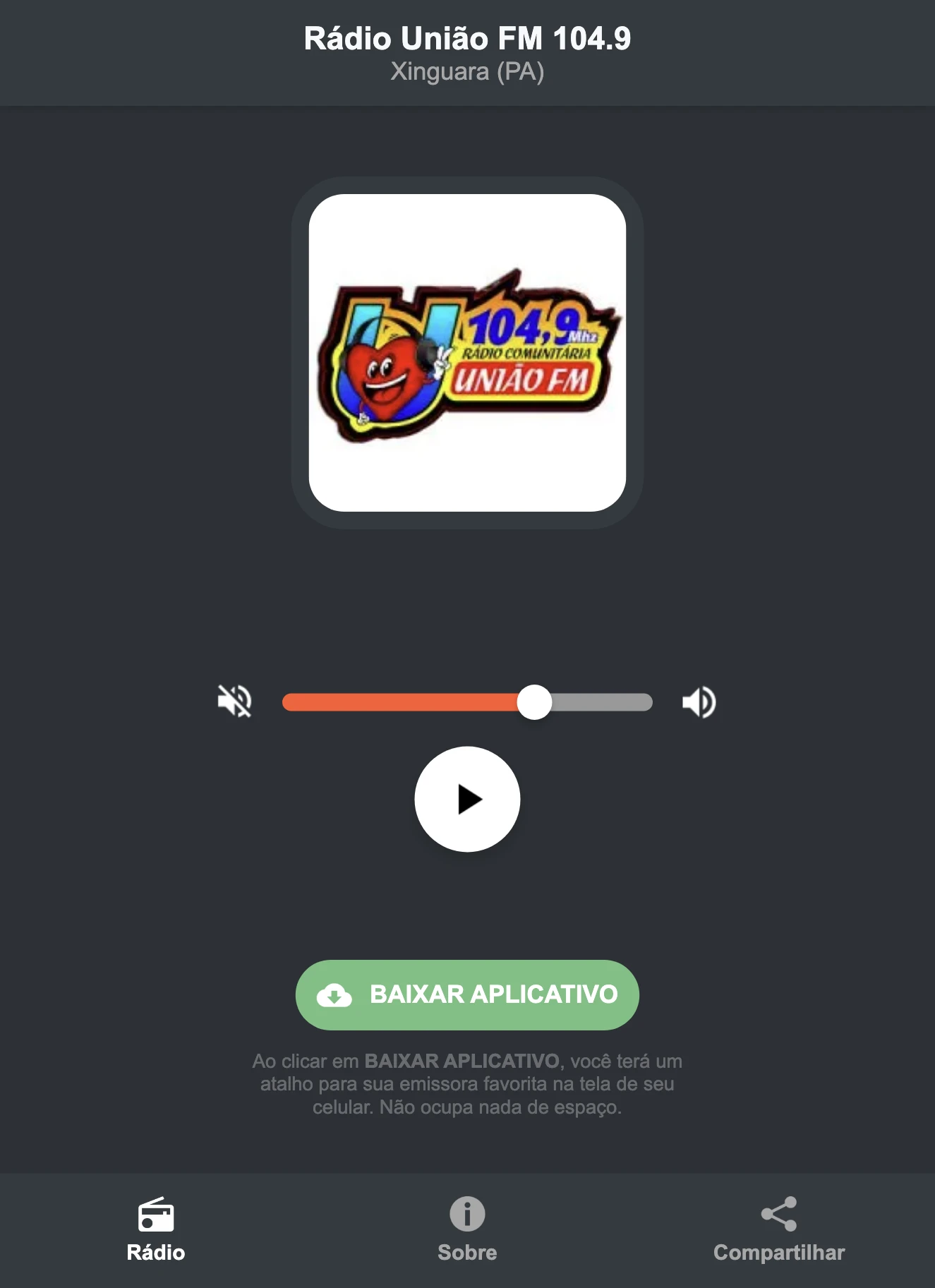 Screenshot do aplicativo da Rádio União FM 104.9