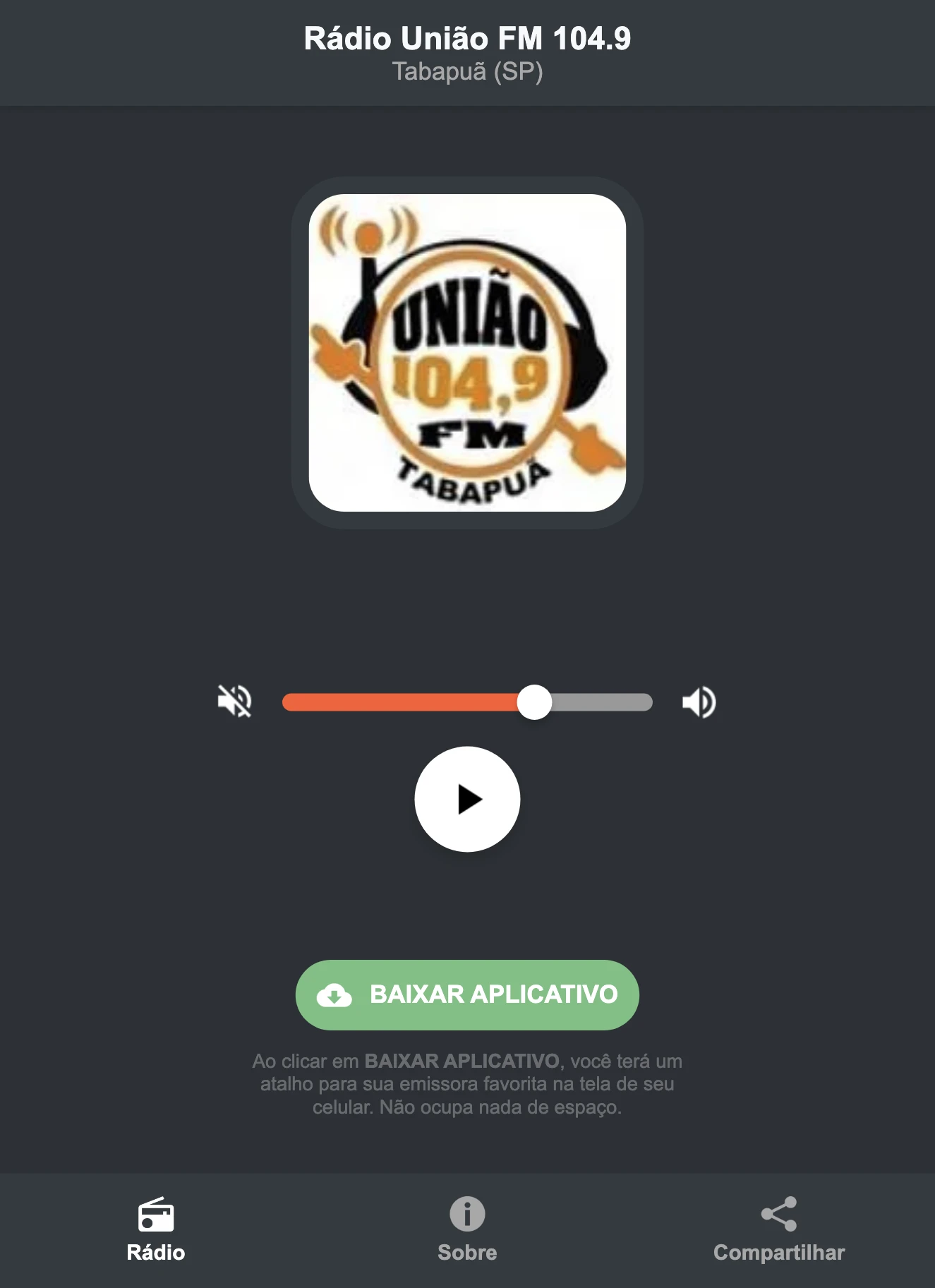 Screenshot do aplicativo da Rádio União FM 104.9