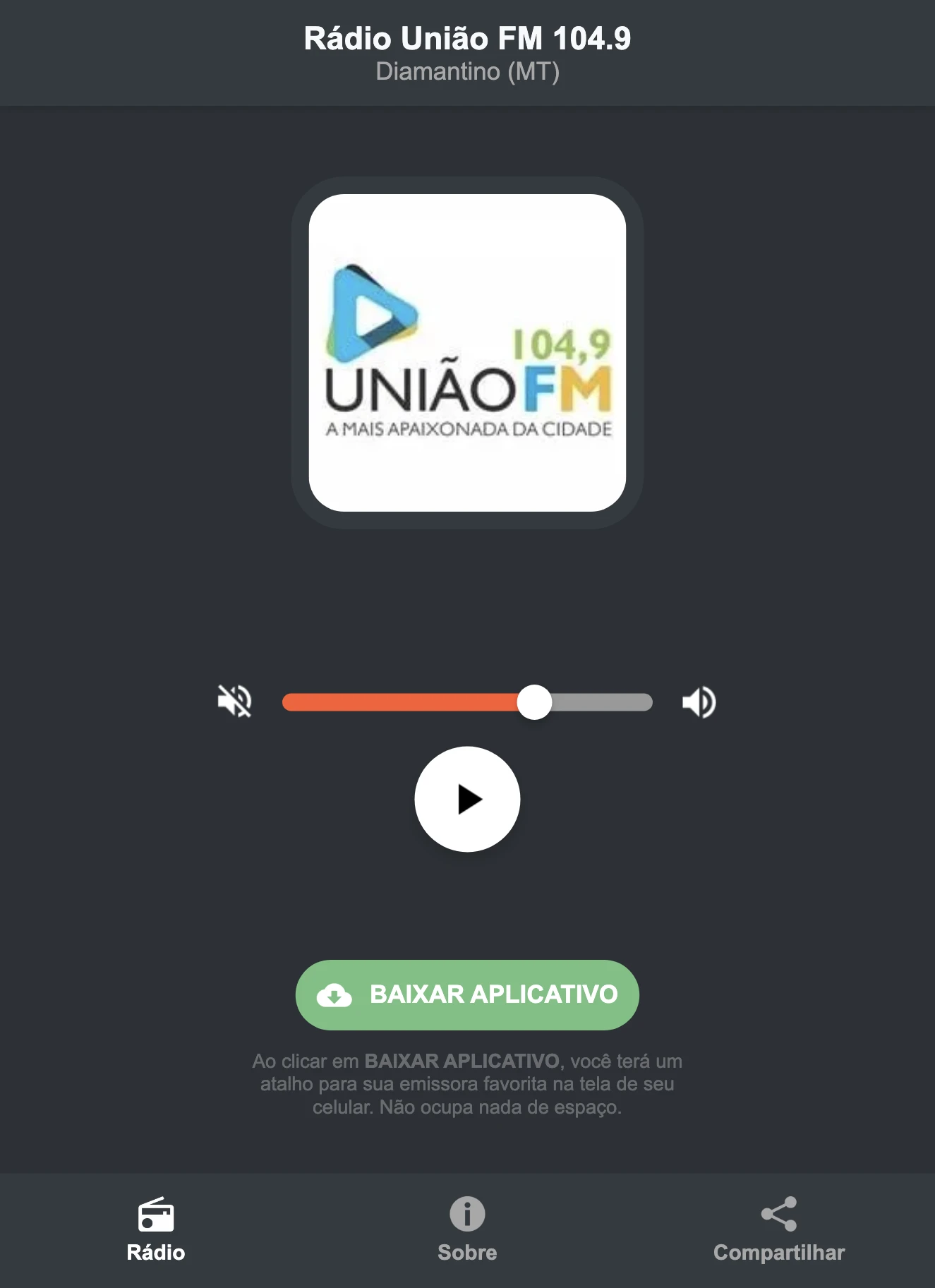Screenshot do aplicativo da Rádio União FM 104.9