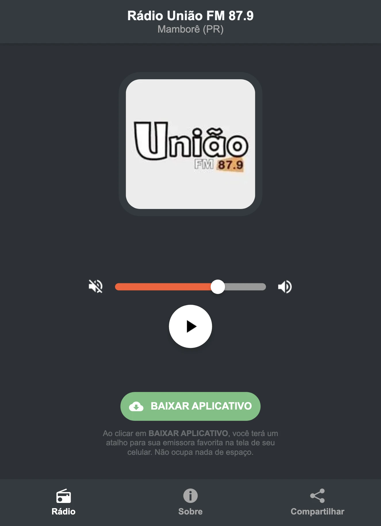 Screenshot do aplicativo da Rádio União FM 87.9