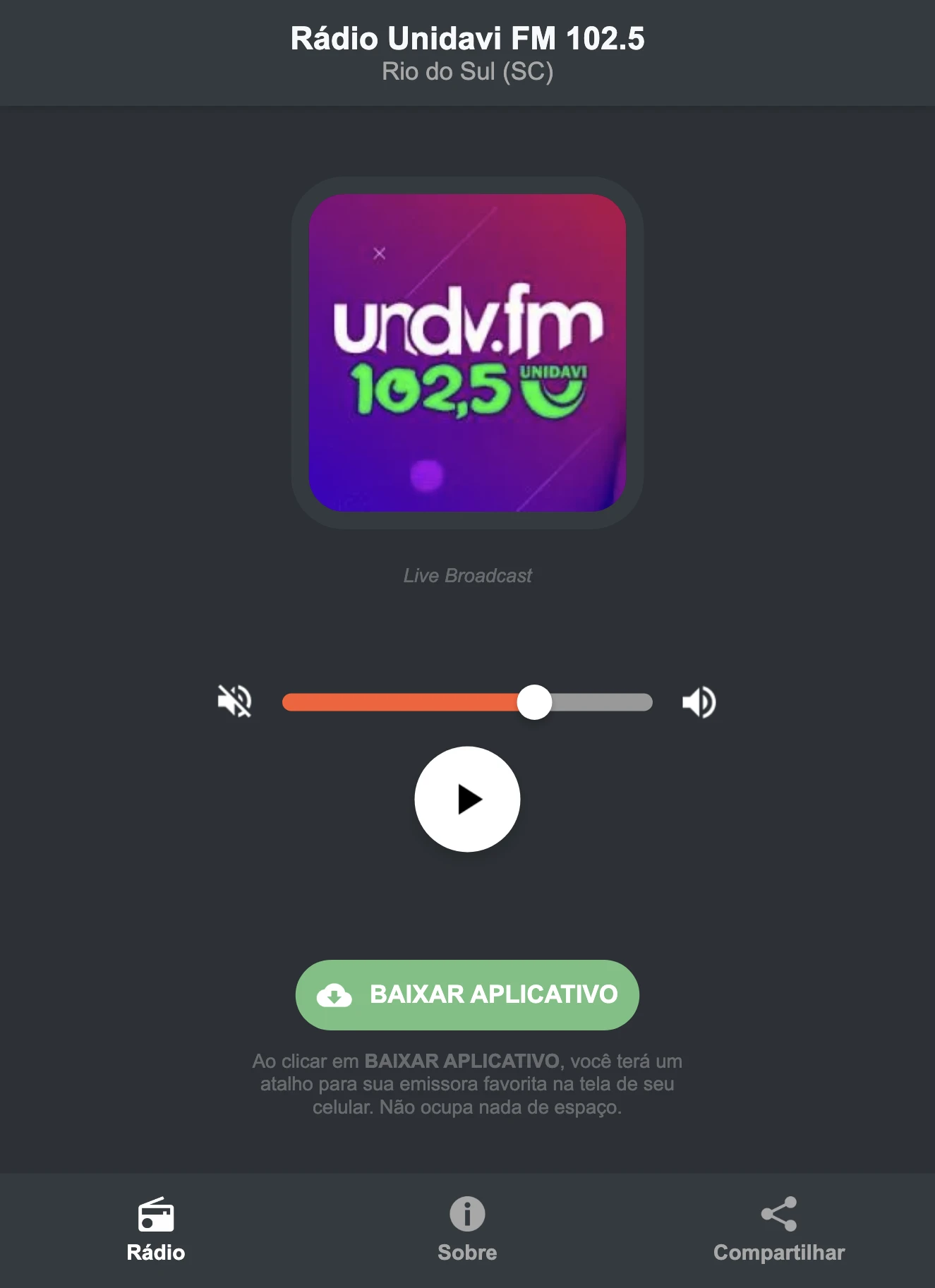 Screenshot do aplicativo da Rádio Unidavi FM 102.5