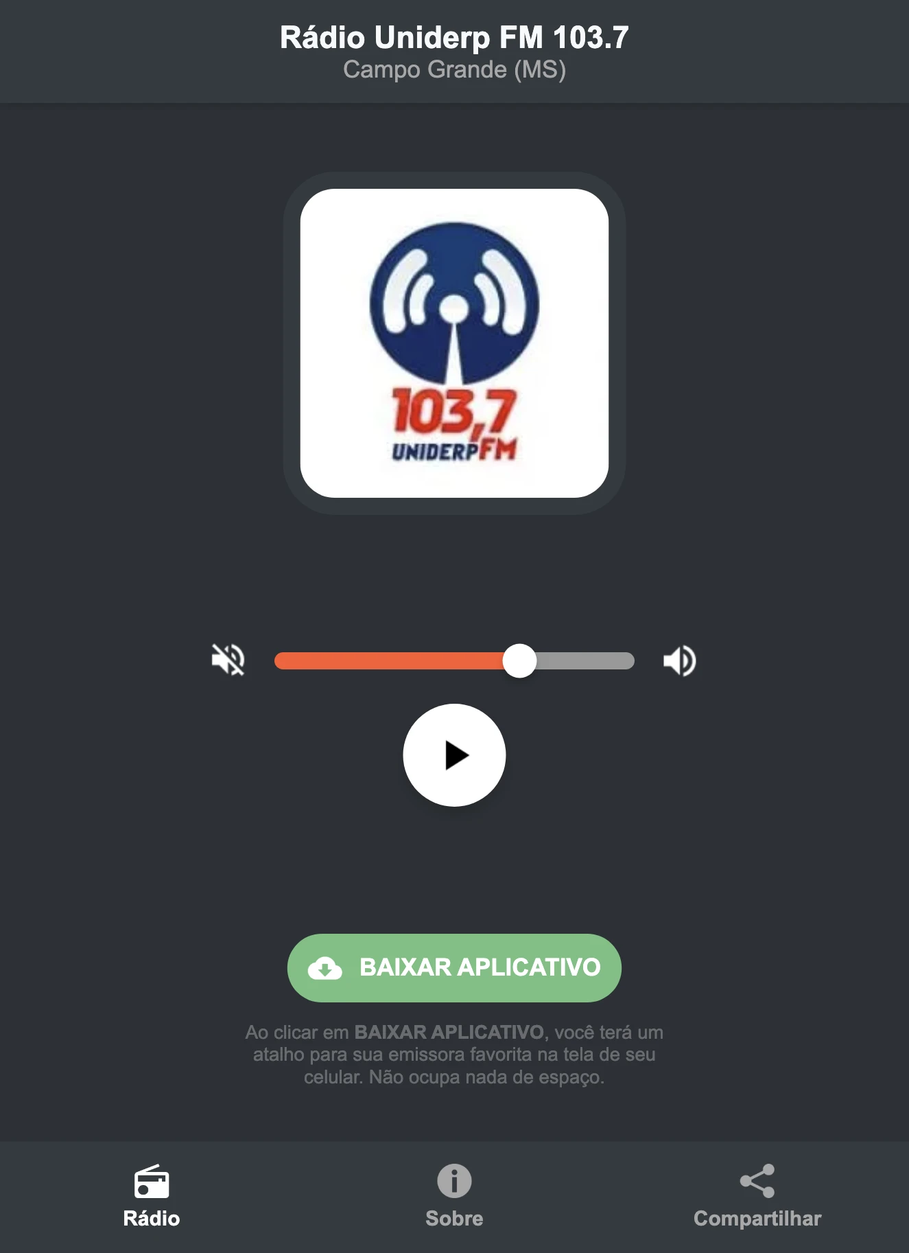 Screenshot do aplicativo da Rádio Uniderp FM 103.7