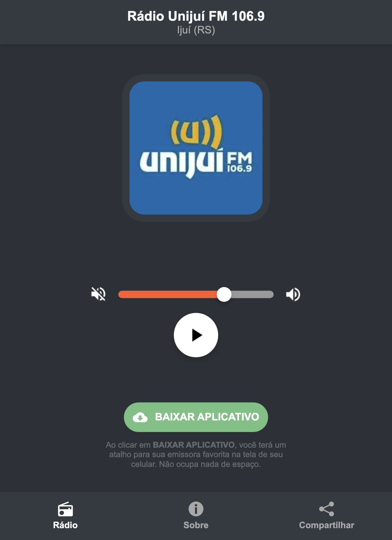 Screenshot do aplicativo da Rádio Unijuí FM 106.9