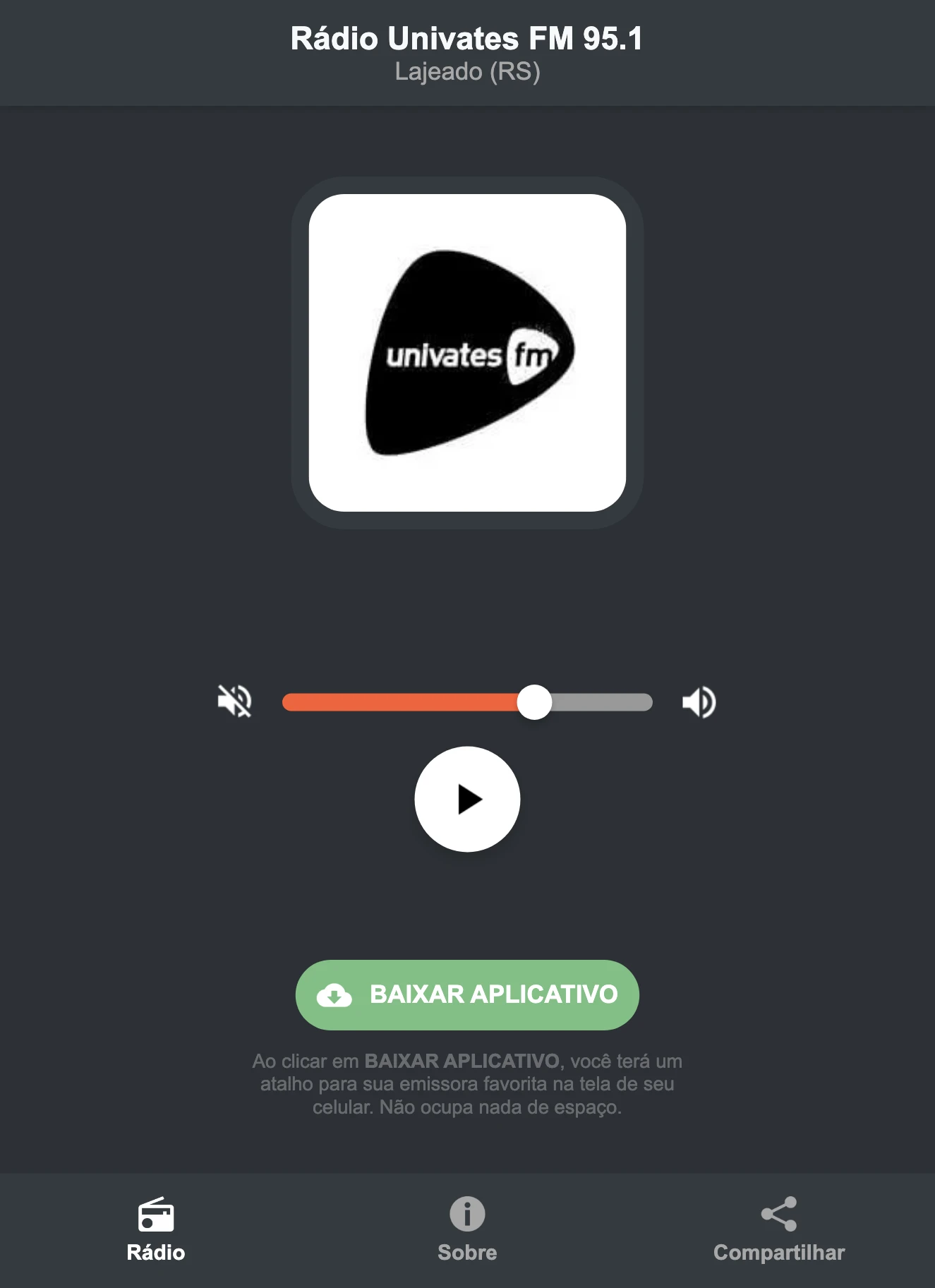 Screenshot do aplicativo da Rádio Univates FM 95.1