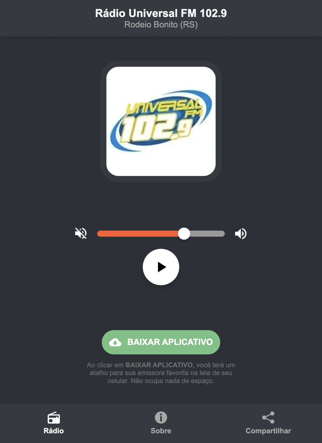 Screenshot do aplicativo da Rádio Universal FM 102.9