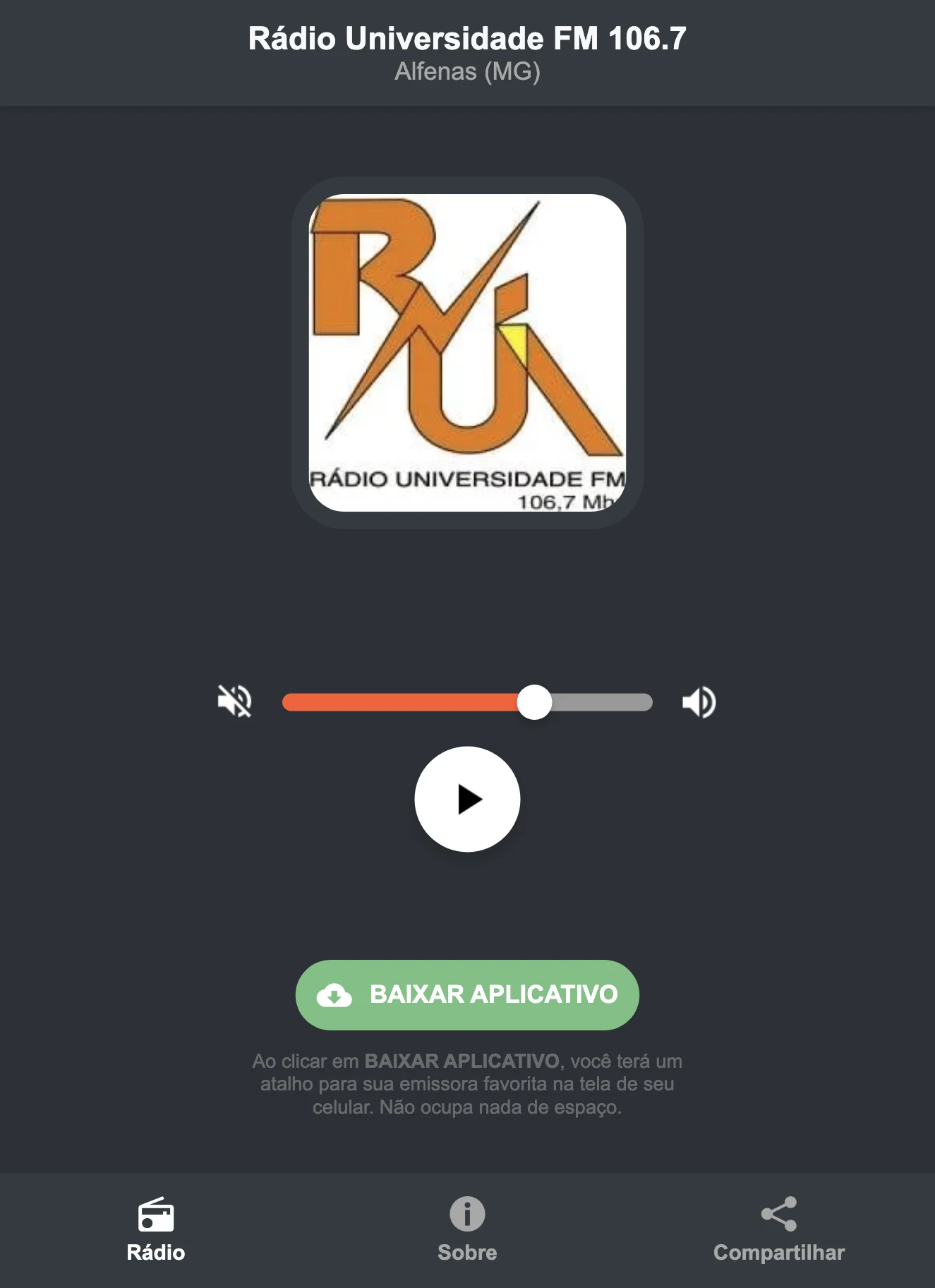Screenshot do aplicativo da Rádio Universidade FM 106.7