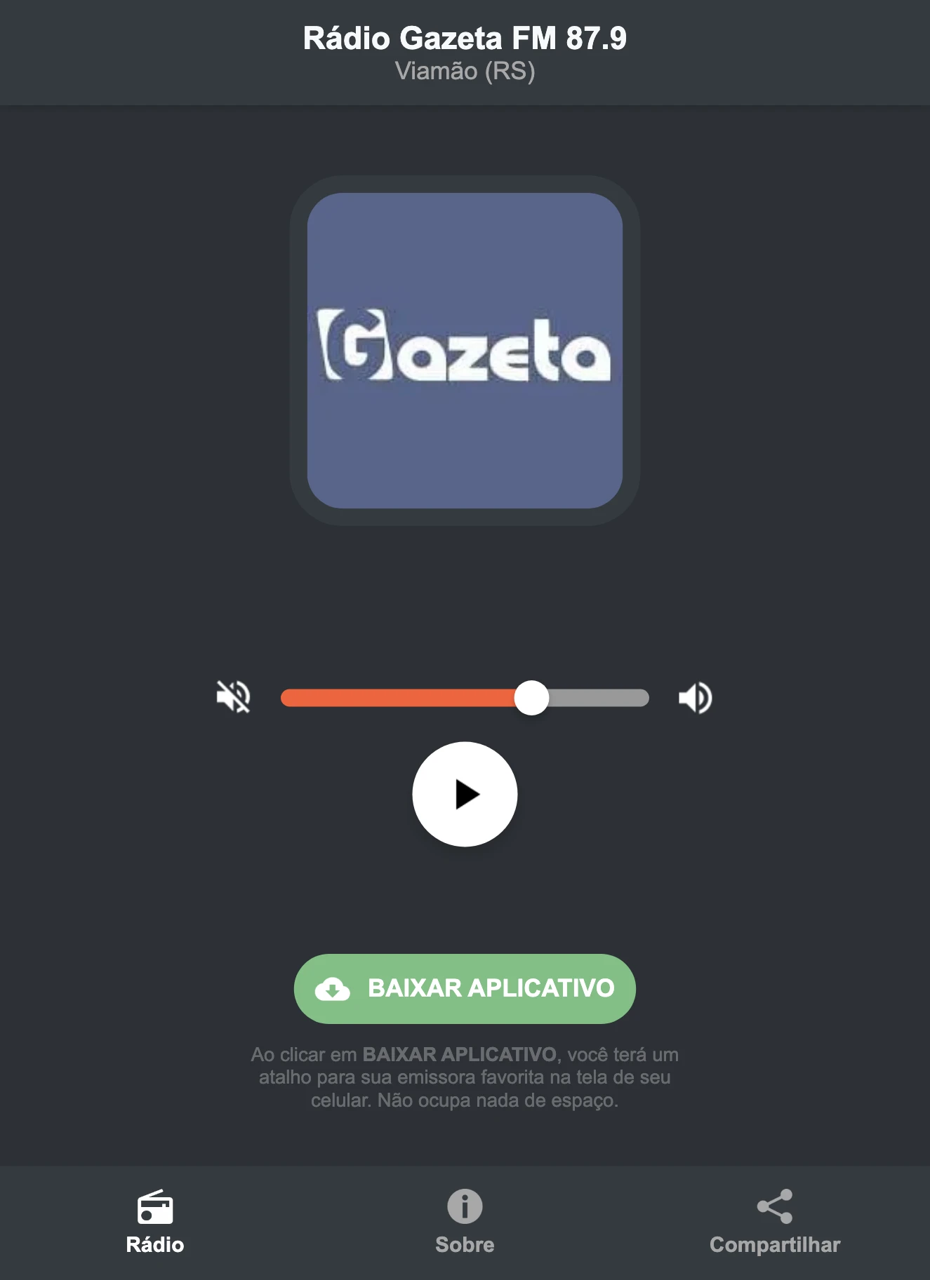 Screenshot do aplicativo da Rádio Gazeta FM 87.9