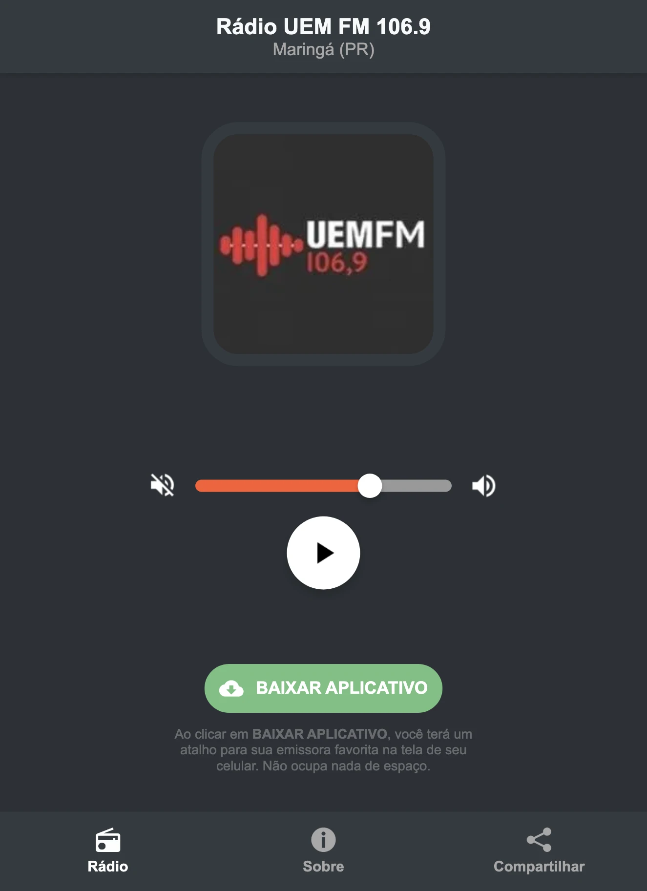 Screenshot do aplicativo da Rádio UEM FM 106.9