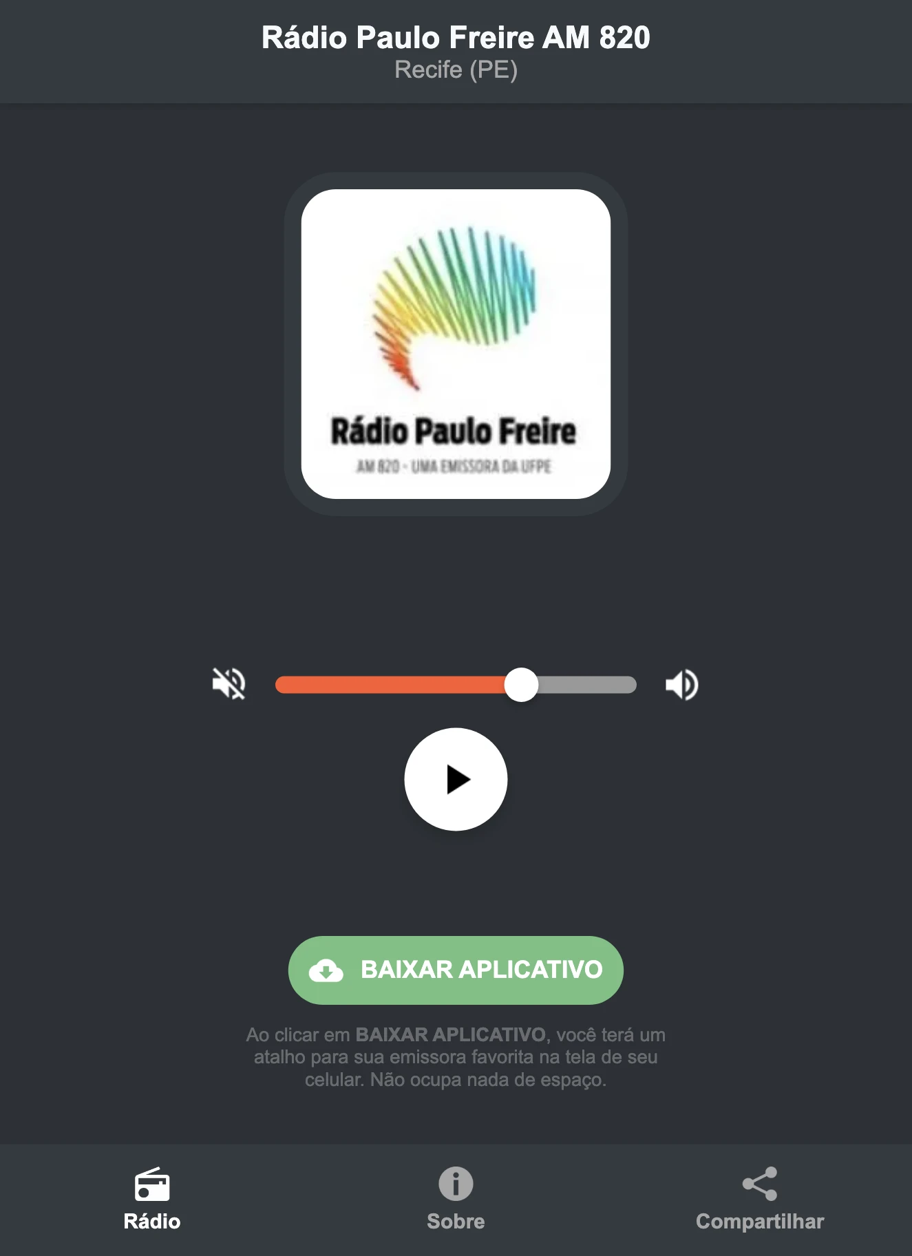 Screenshot do aplicativo da Rádio Paulo Freire AM 820