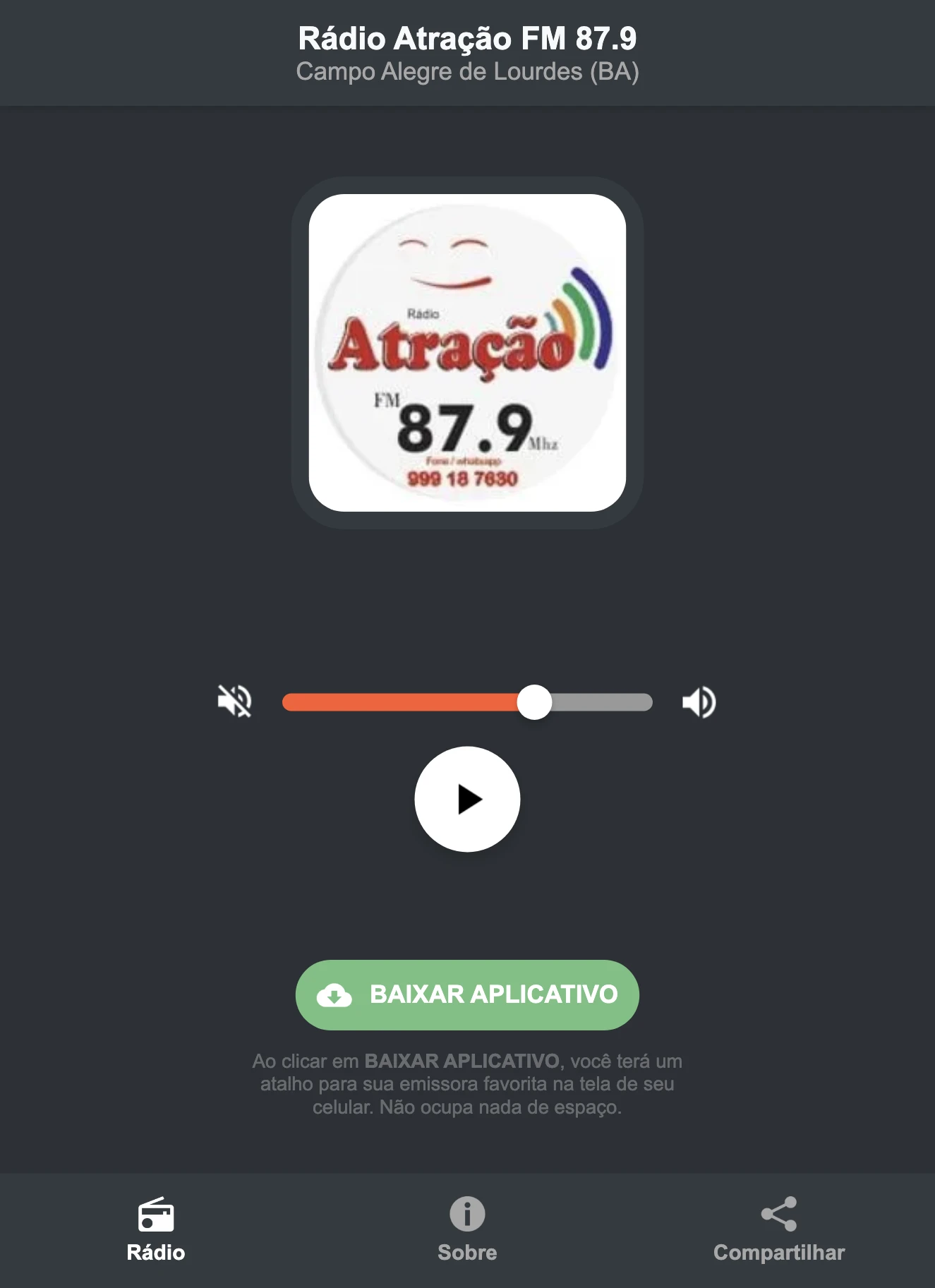 Screenshot do aplicativo da Rádio Atração FM 87.9
