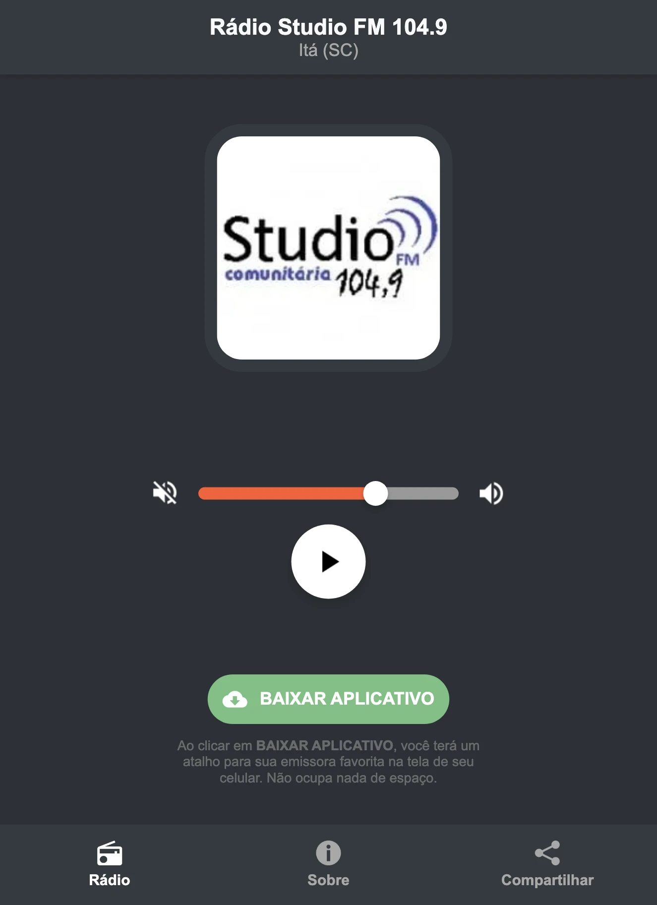Screenshot do aplicativo da Rádio Studio FM 104.9