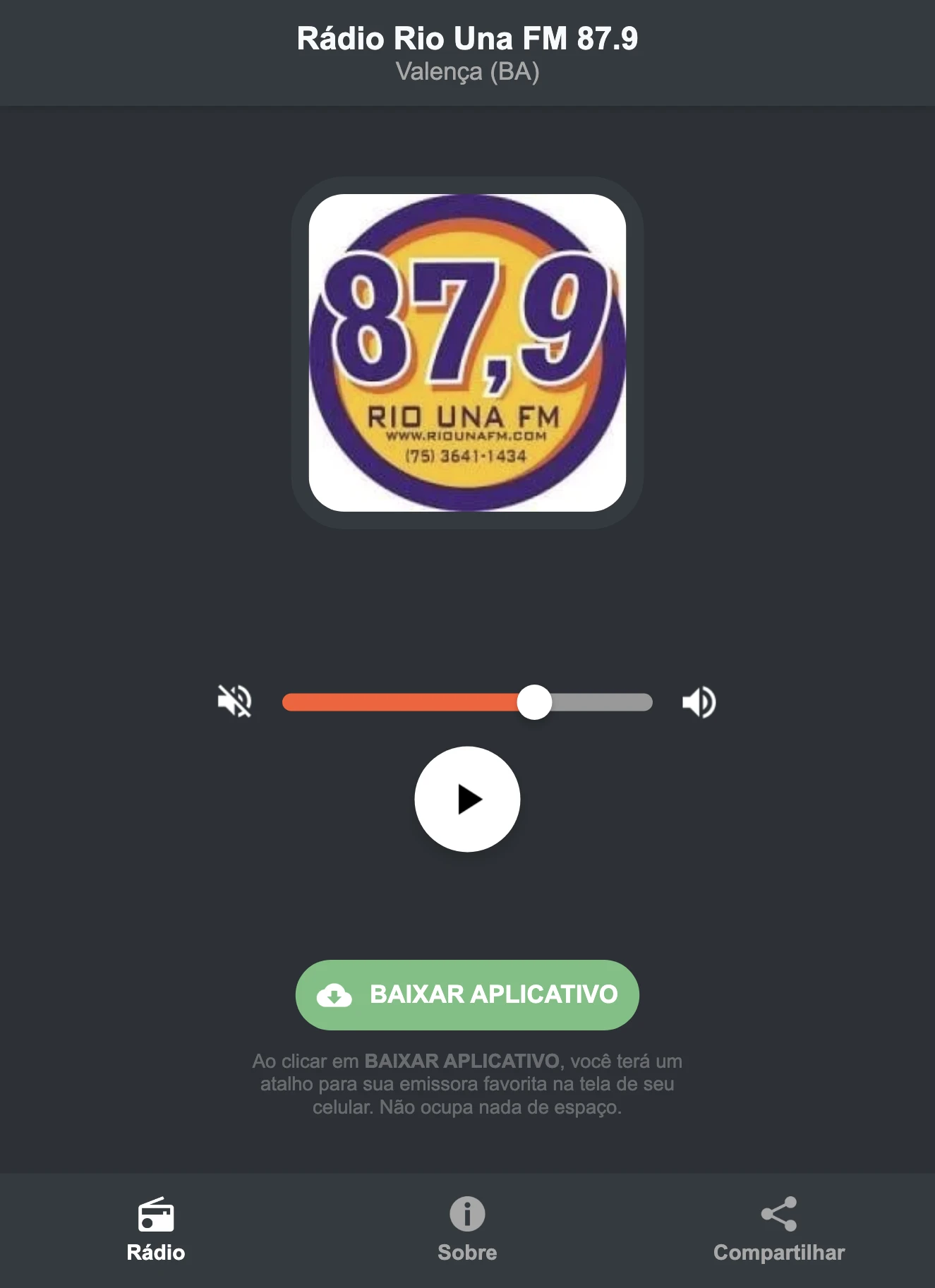 Screenshot do aplicativo da Rádio Rio Una FM 87.9