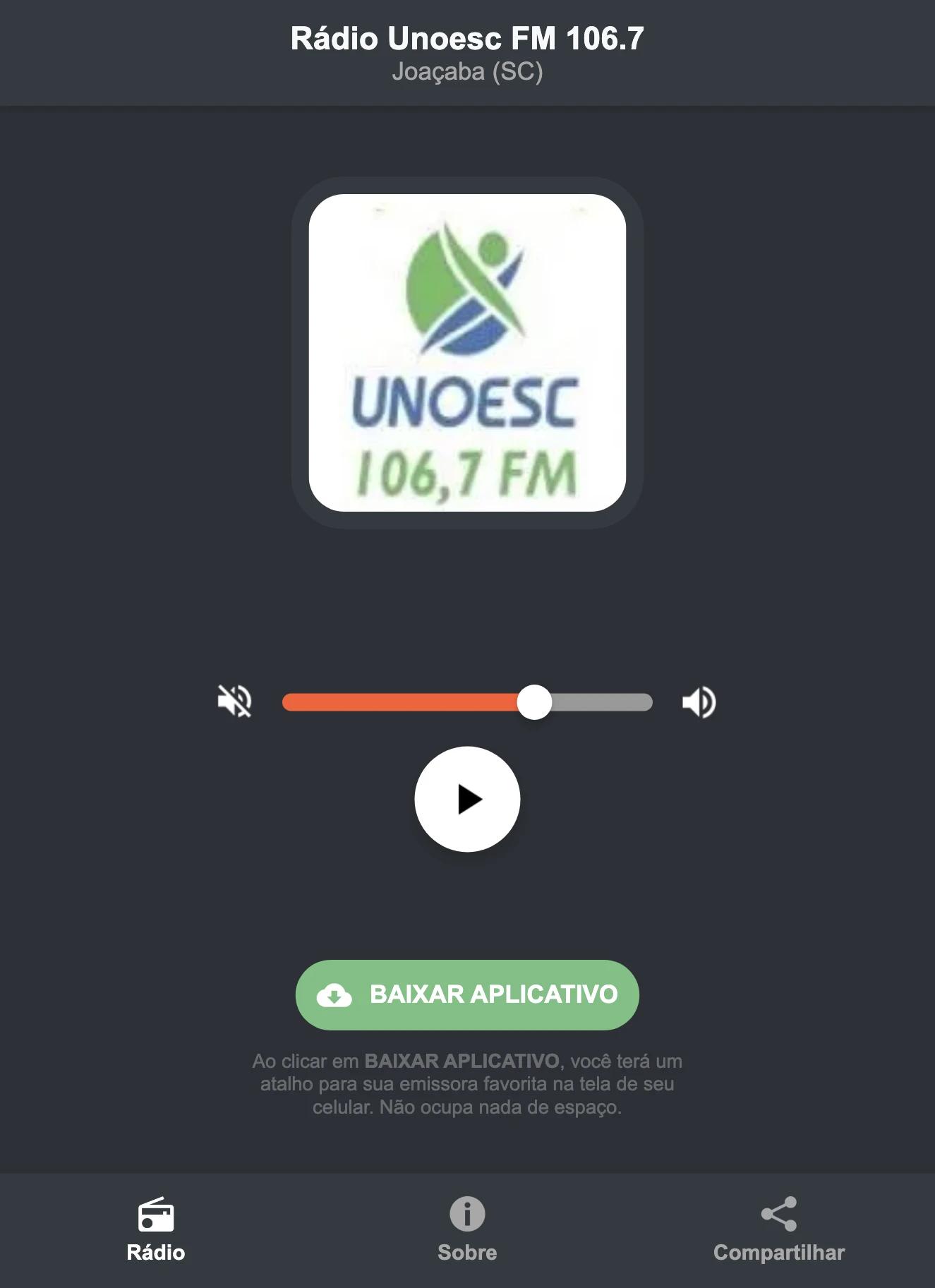 Screenshot do aplicativo da Rádio Unoesc FM 106.7