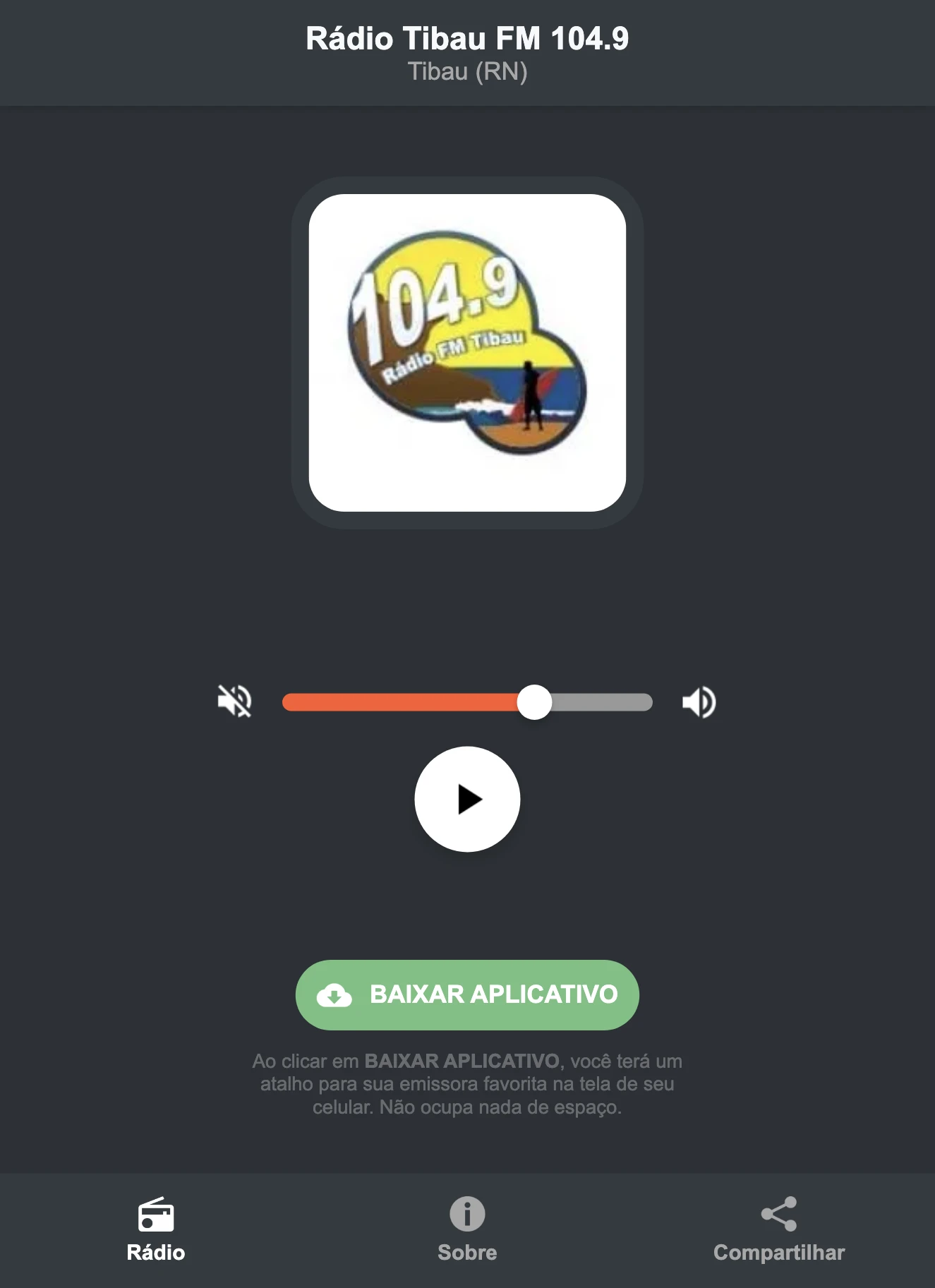Screenshot do aplicativo da Rádio Tibau FM 104.9