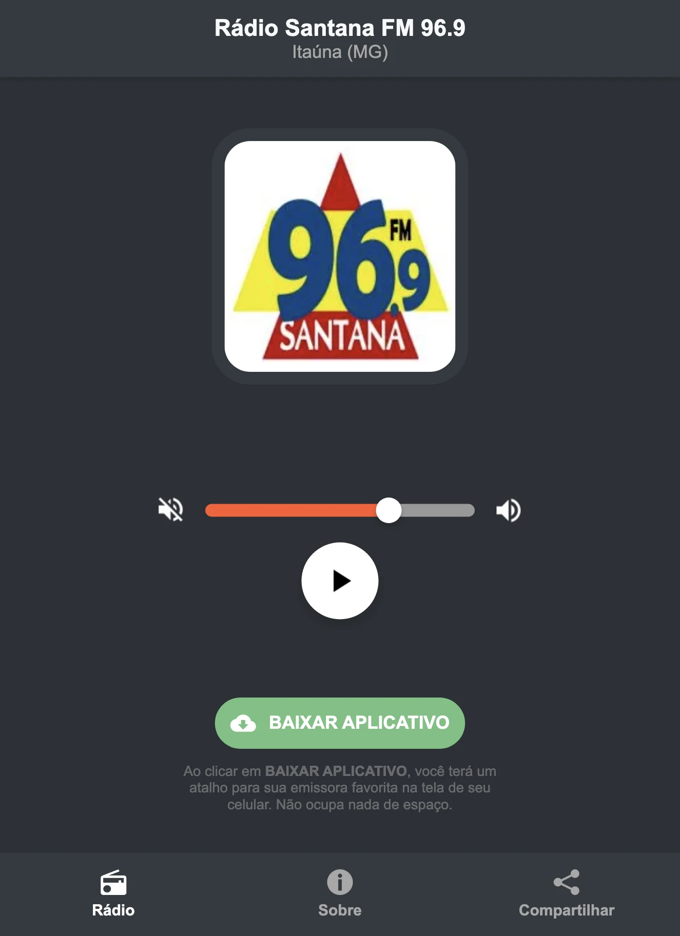 Screenshot do aplicativo da Rádio Santana FM 96.9