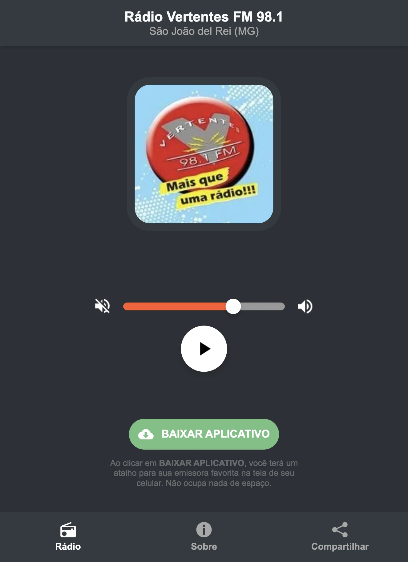 Screenshot do aplicativo da Rádio Vertentes FM 98.1