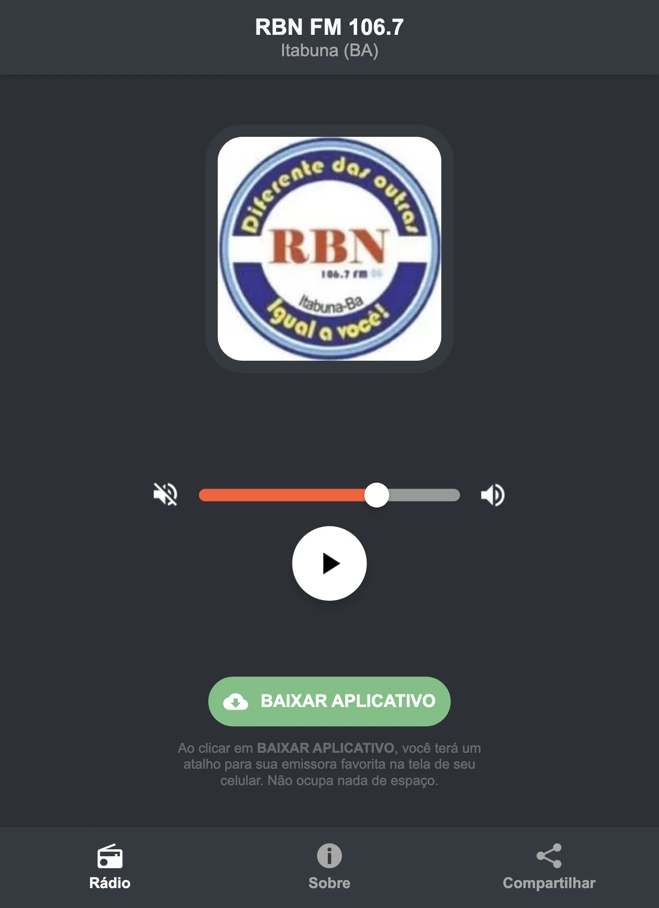 Screenshot do aplicativo da RBN FM 106.7
