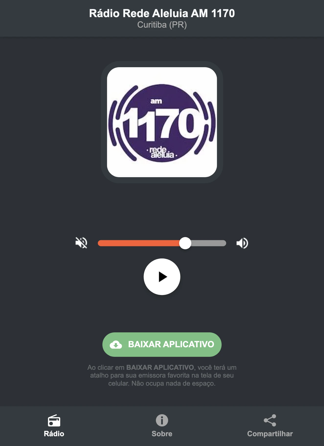 Screenshot do aplicativo da Rádio Rede Aleluia AM 1170