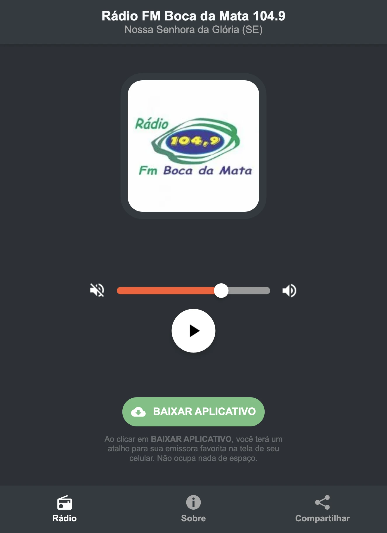 Screenshot do aplicativo da Rádio FM Boca da Mata 104.9