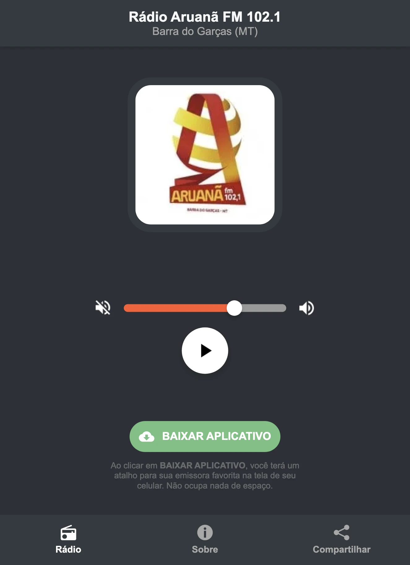 Screenshot do aplicativo da Rádio Aruanã FM 102.1