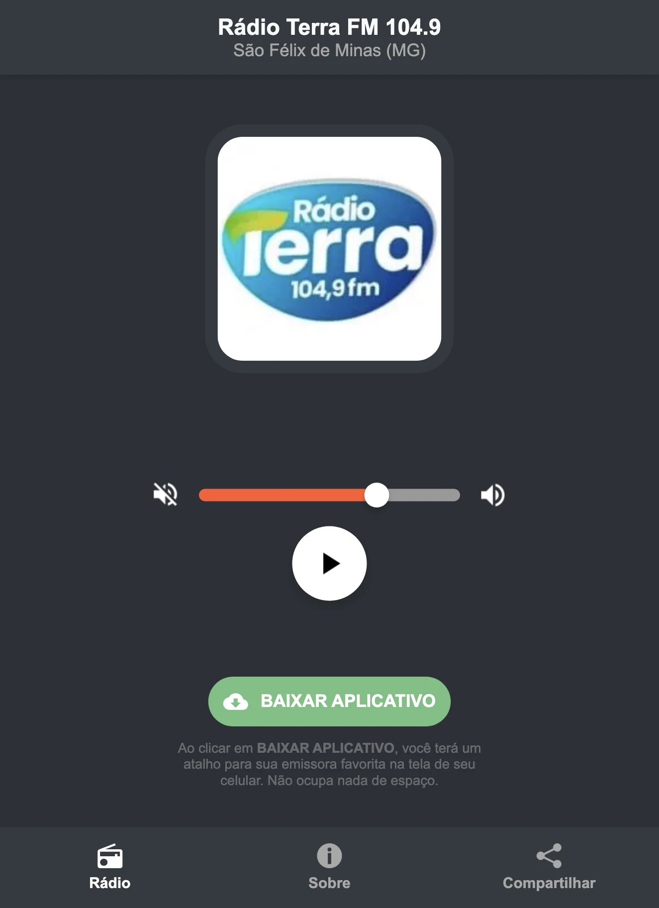 Screenshot do aplicativo da Rádio Terra FM 104.9