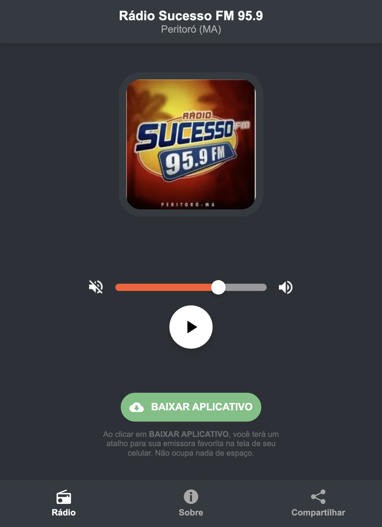Screenshot do aplicativo da Rádio Sucesso FM 95.9