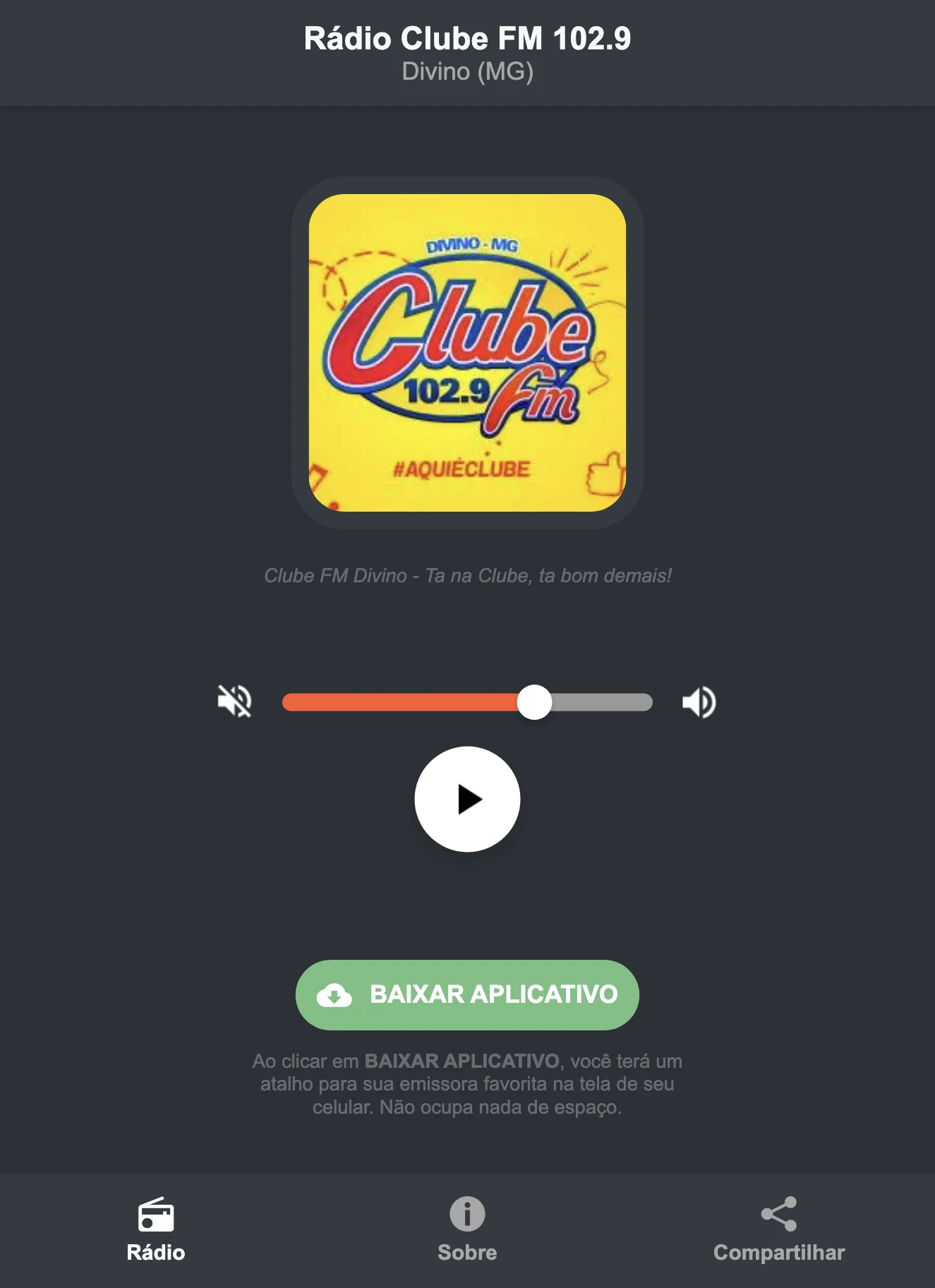 Screenshot do aplicativo da Rádio Clube FM 102.9