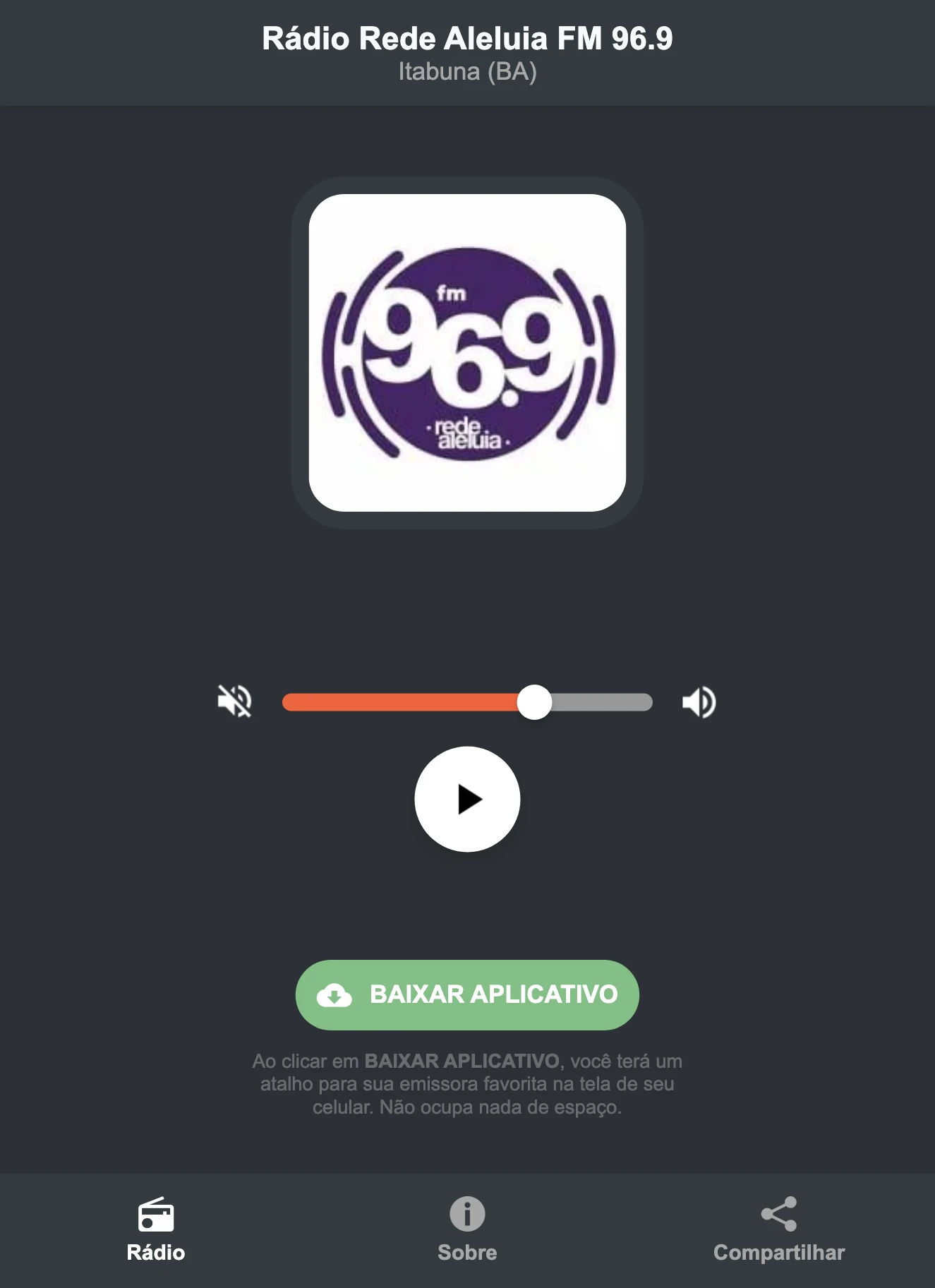 Screenshot do aplicativo da Rádio Rede Aleluia FM 96.9