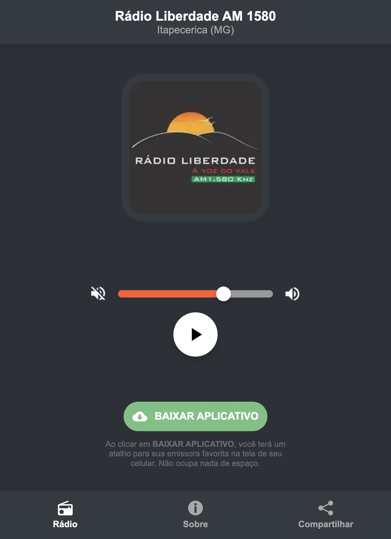 Screenshot do aplicativo da Rádio Liberdade AM 1580