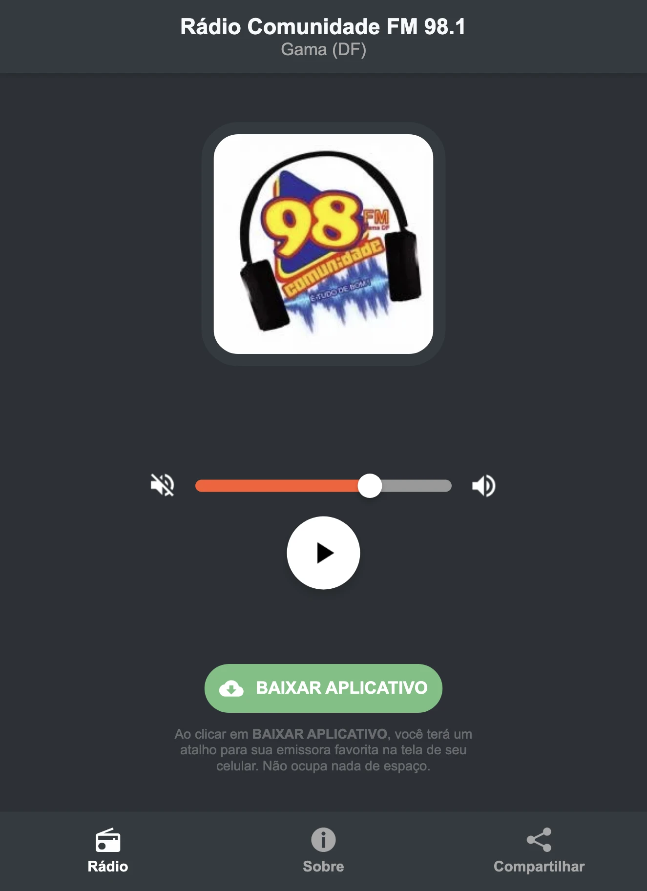 Screenshot do aplicativo da Rádio Comunidade FM 98.1