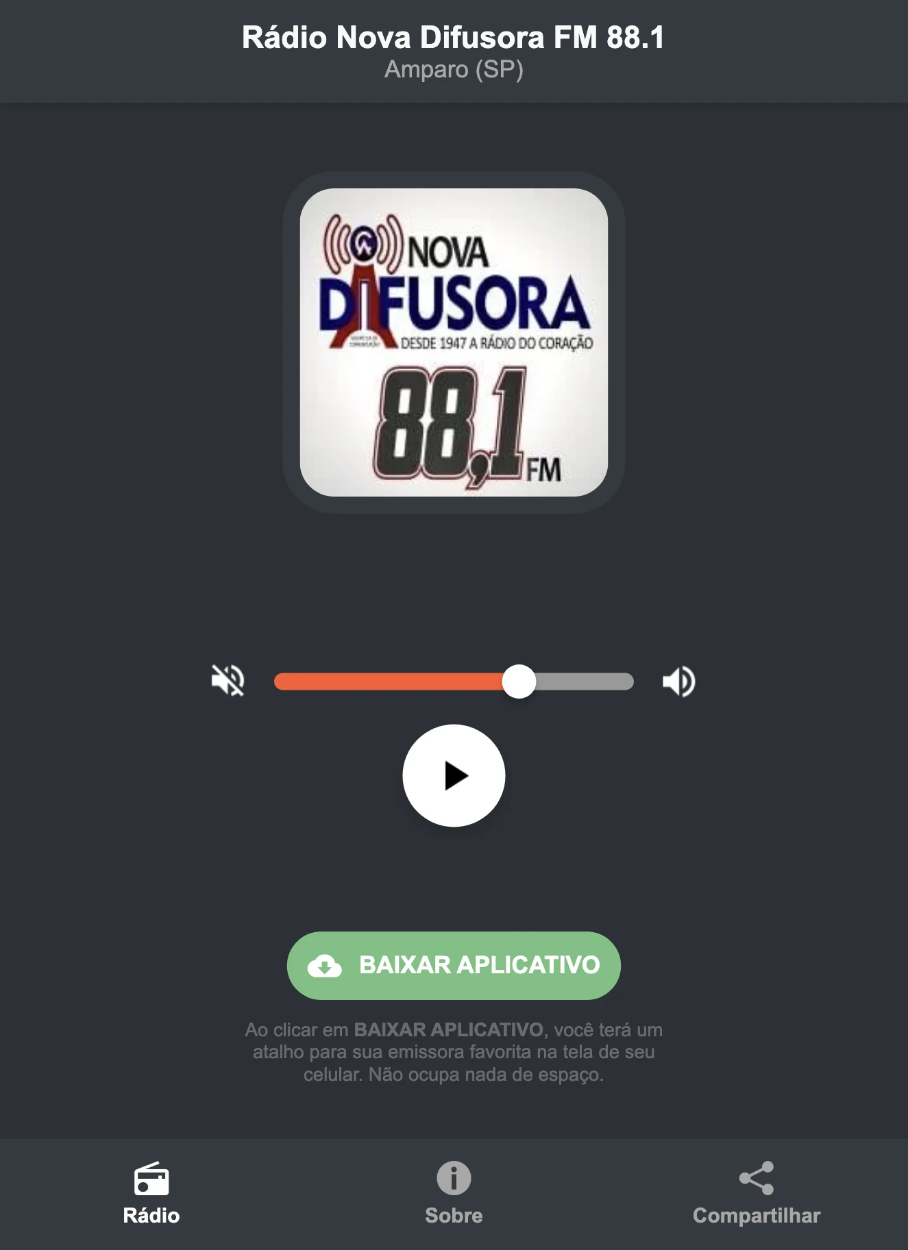 Screenshot do aplicativo da Rádio Nova Difusora FM 88.1