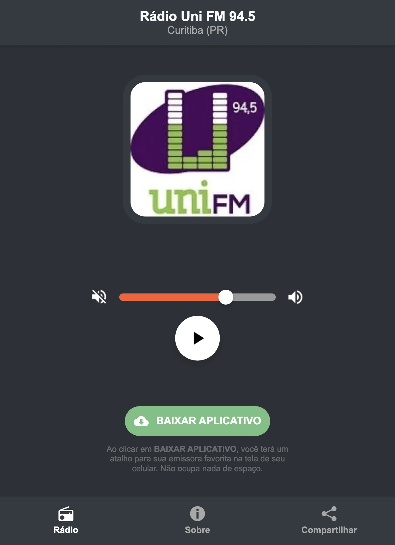 Screenshot do aplicativo da Rádio Uni FM 94.5