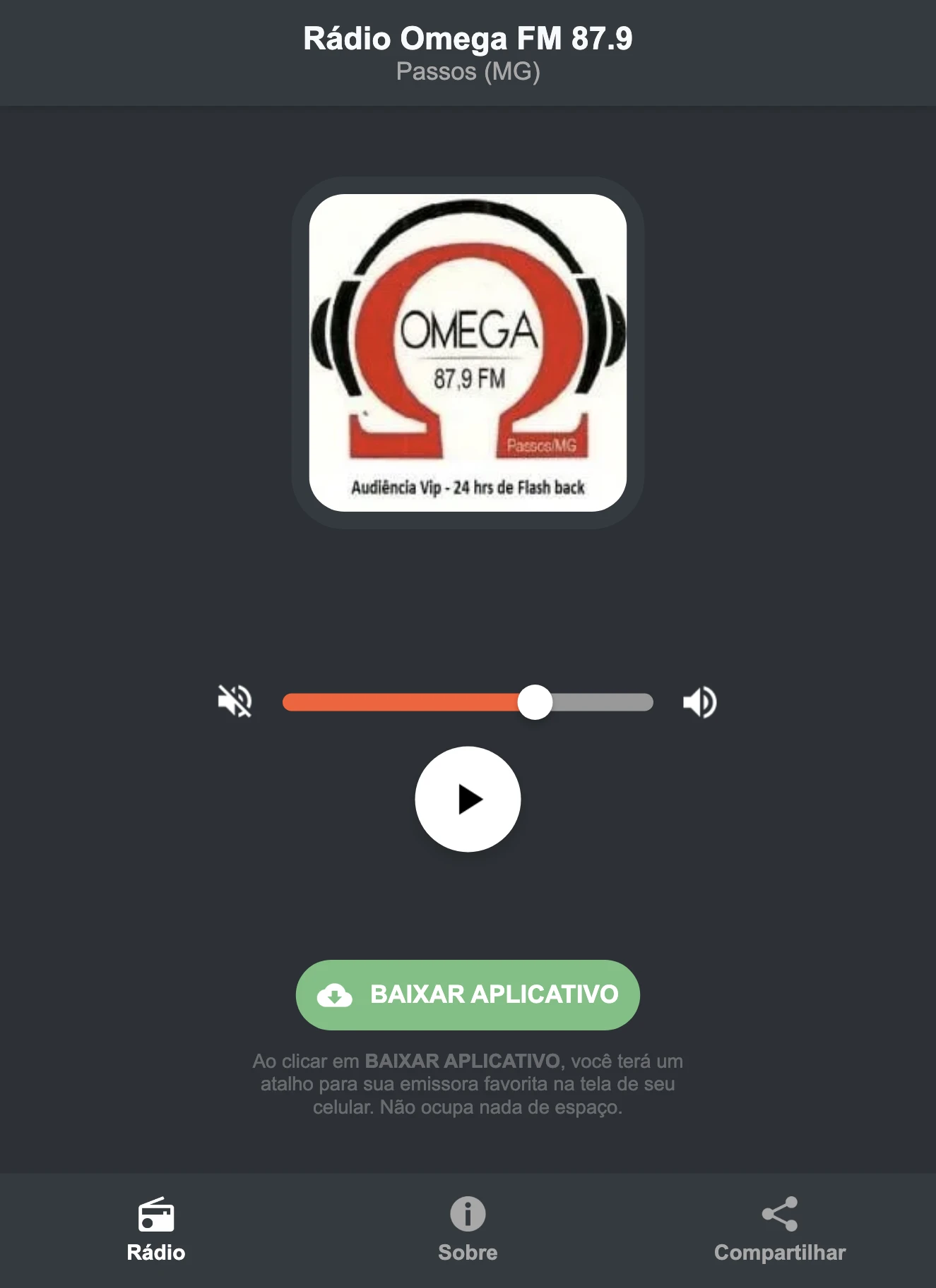 Screenshot do aplicativo da Rádio Omega FM 87.9