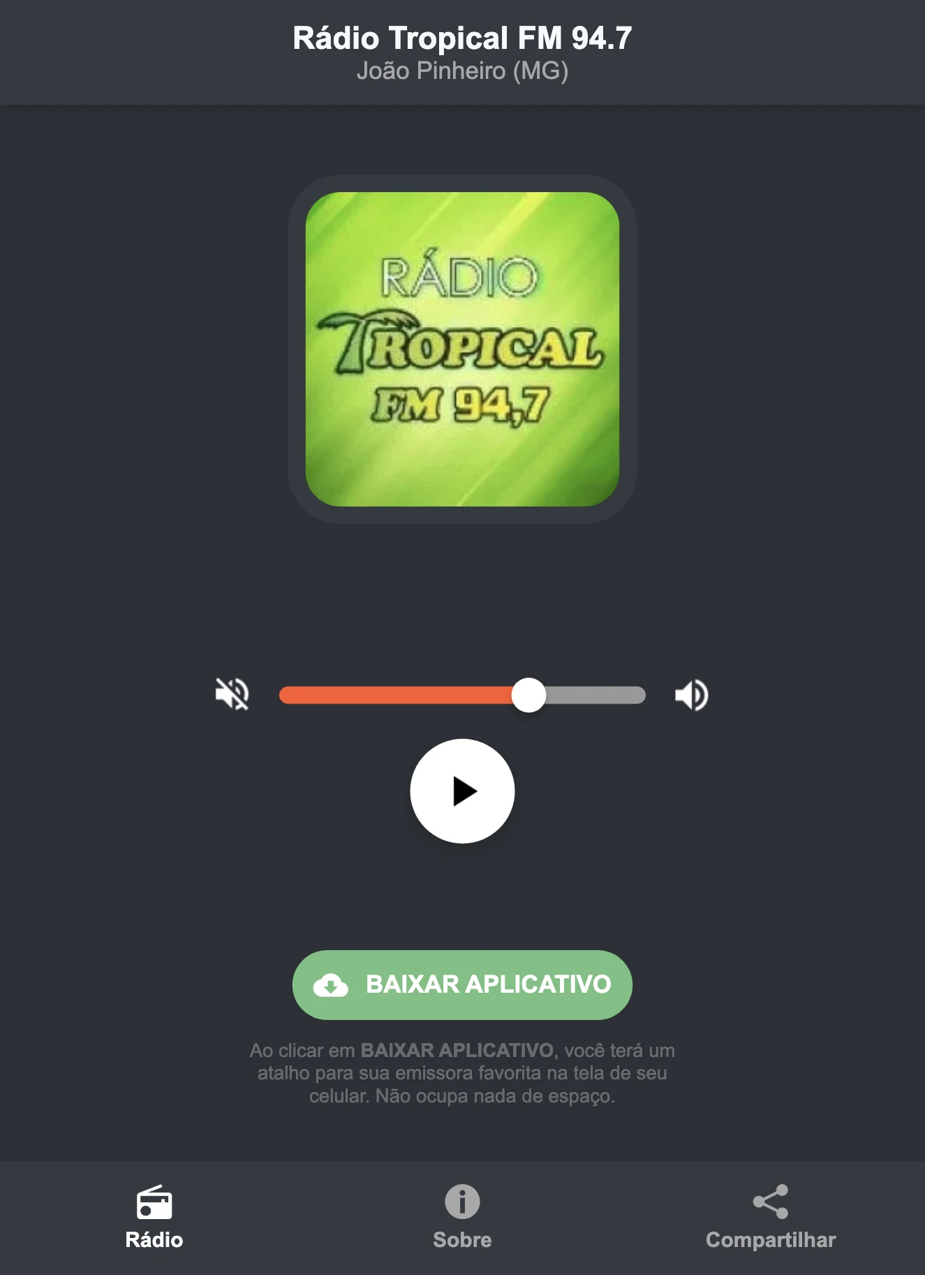 Screenshot do aplicativo da Rádio Tropical FM 94.7
