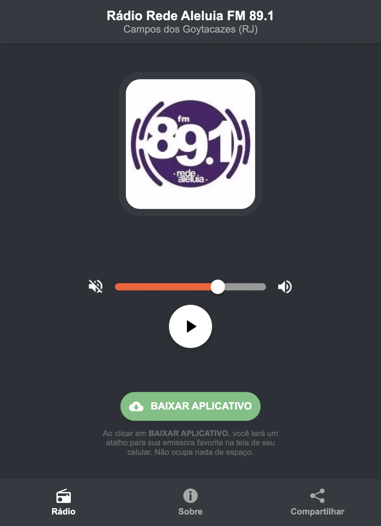Screenshot do aplicativo da Rádio Rede Aleluia FM 89.1