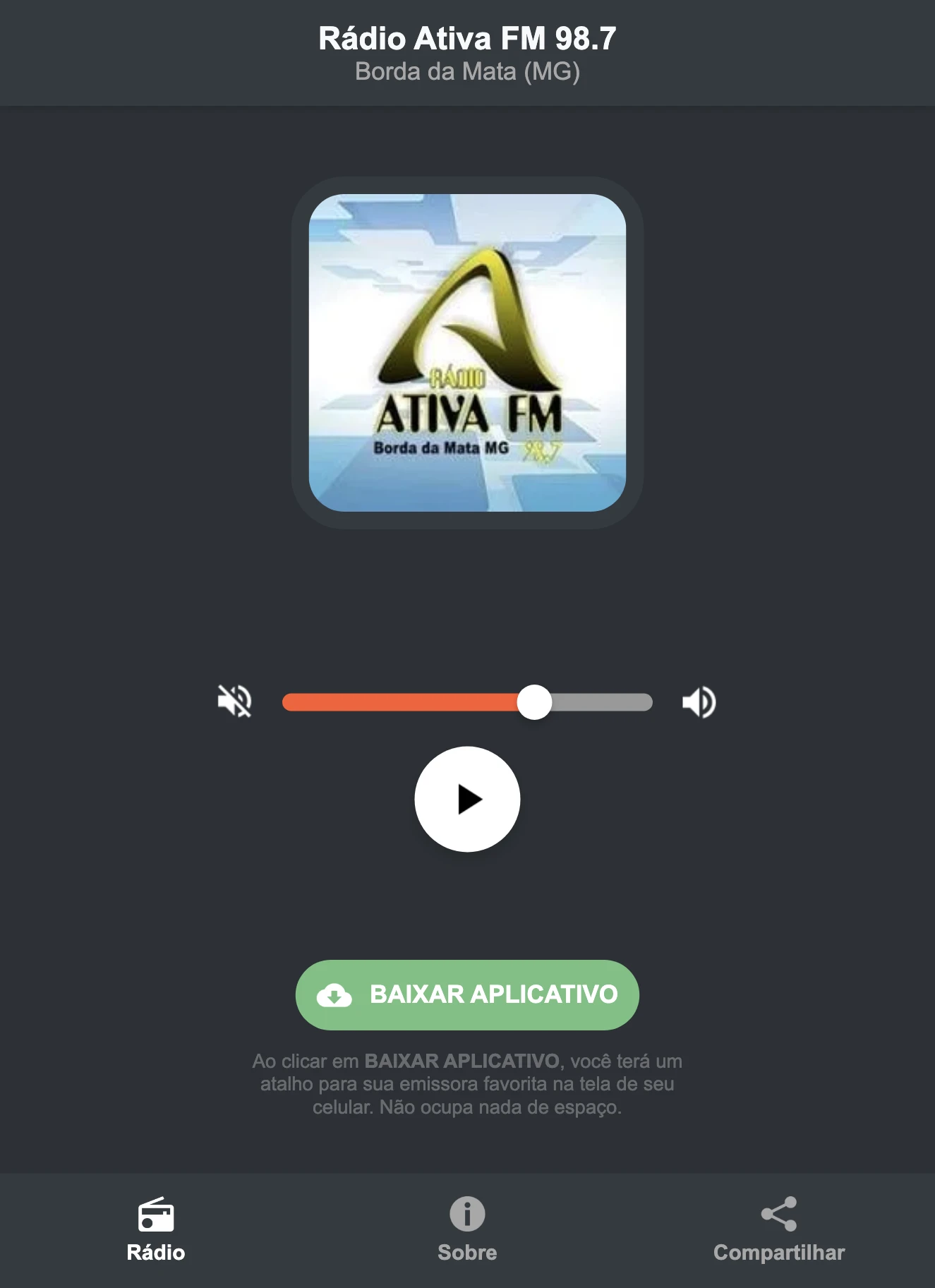 Screenshot do aplicativo da Rádio Ativa FM 98.7