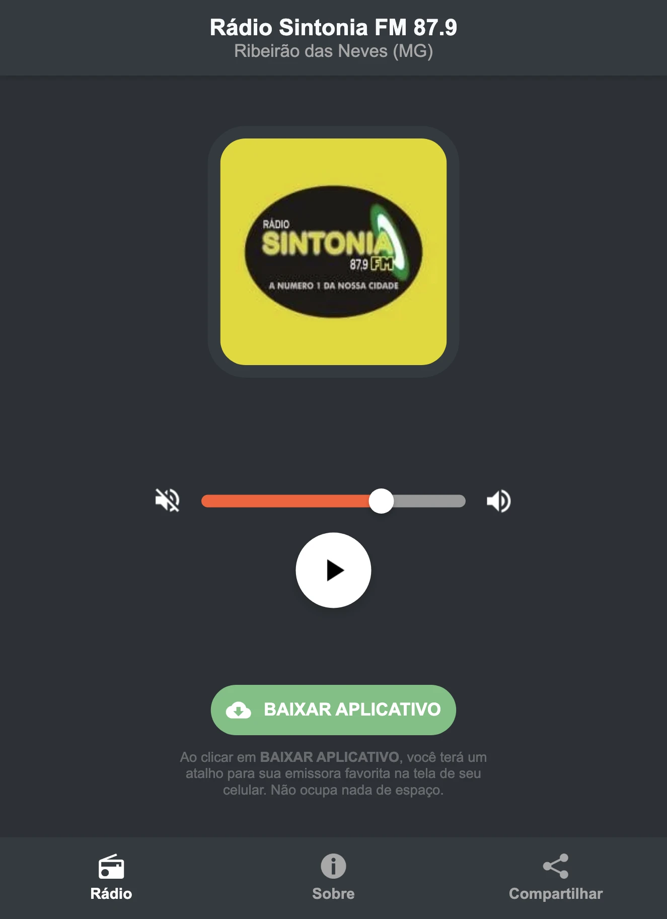 Screenshot do aplicativo da Rádio Sintonia FM 87.9