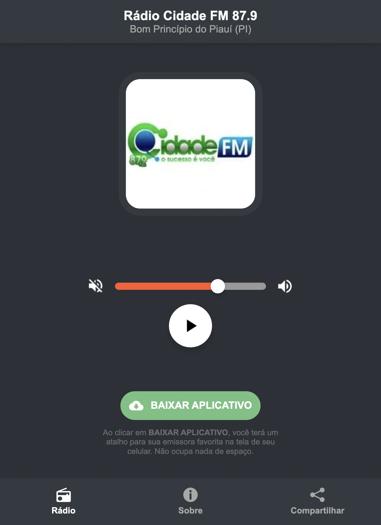 Screenshot do aplicativo da Rádio Cidade FM 87.9