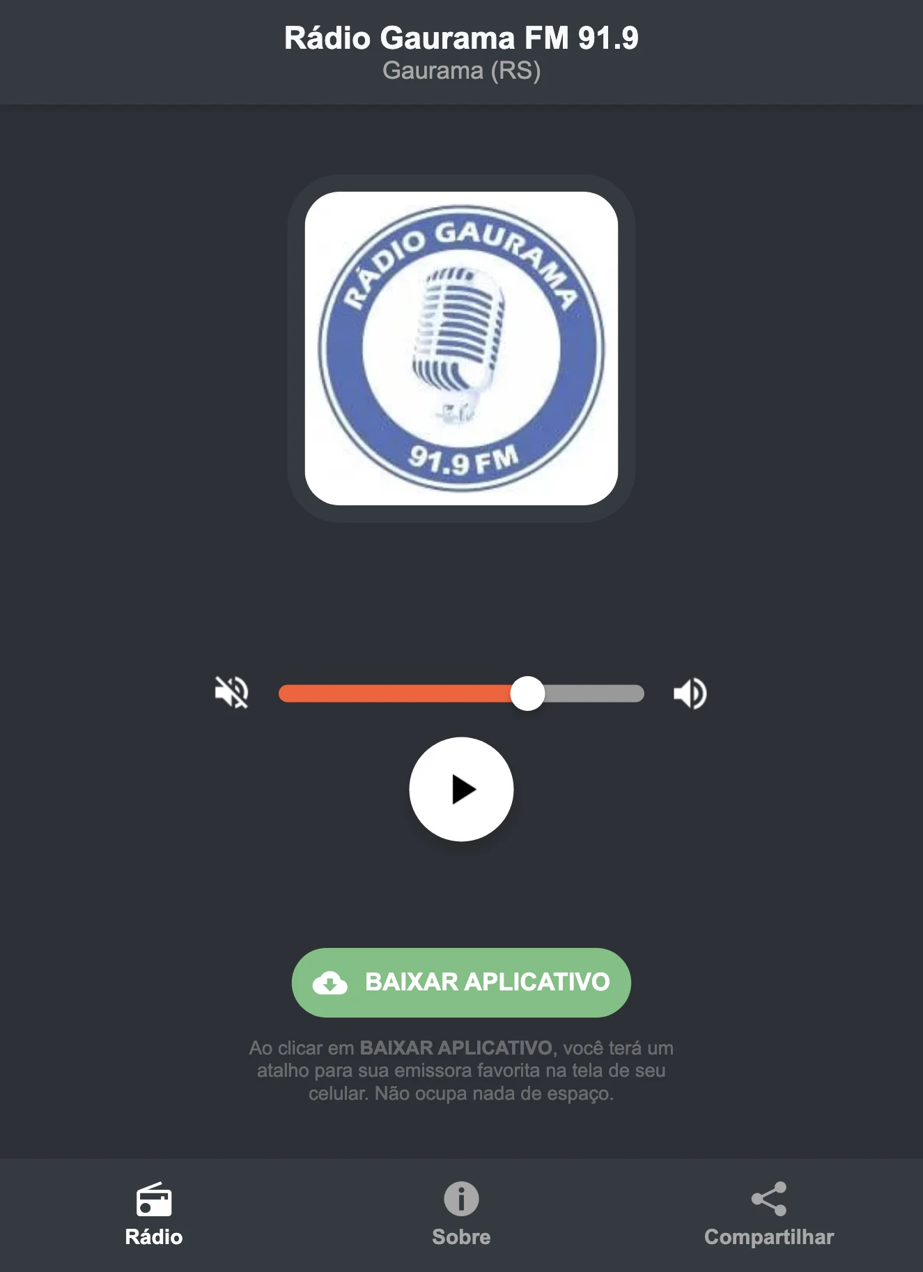 Screenshot do aplicativo da Rádio Gaurama FM 91.9