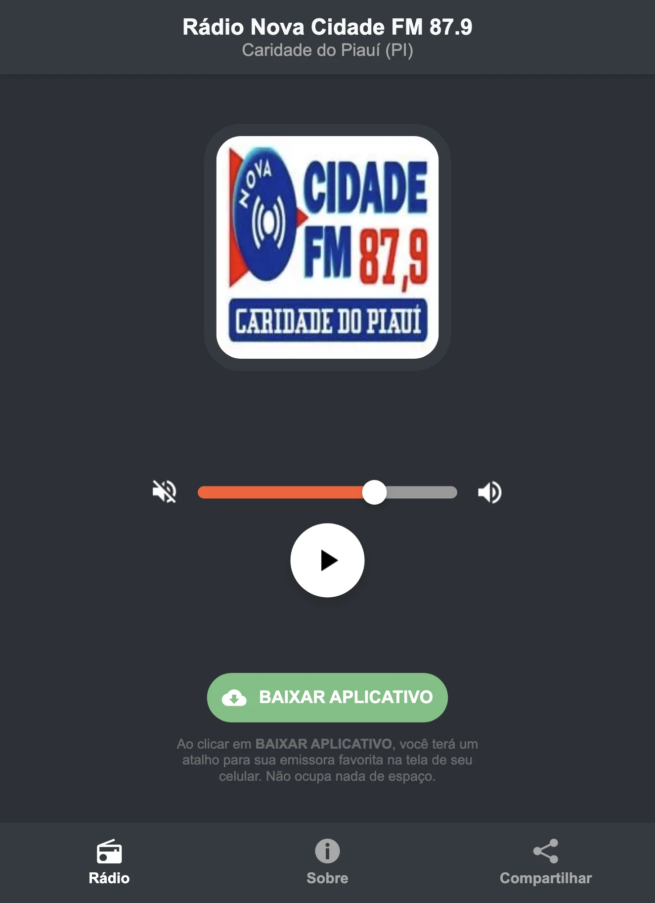 Screenshot do aplicativo da Rádio Nova Cidade FM 87.9