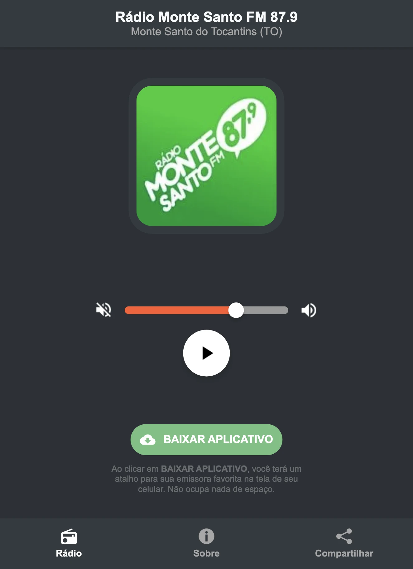 Screenshot do aplicativo da Rádio Monte Santo FM 87.9