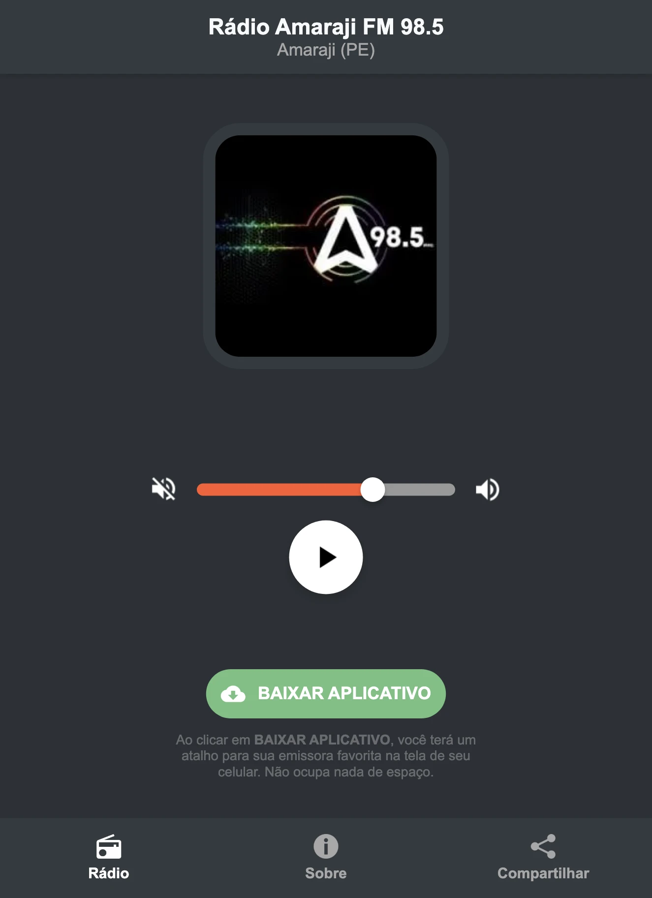 Screenshot do aplicativo da Rádio Amaraji FM 98.5