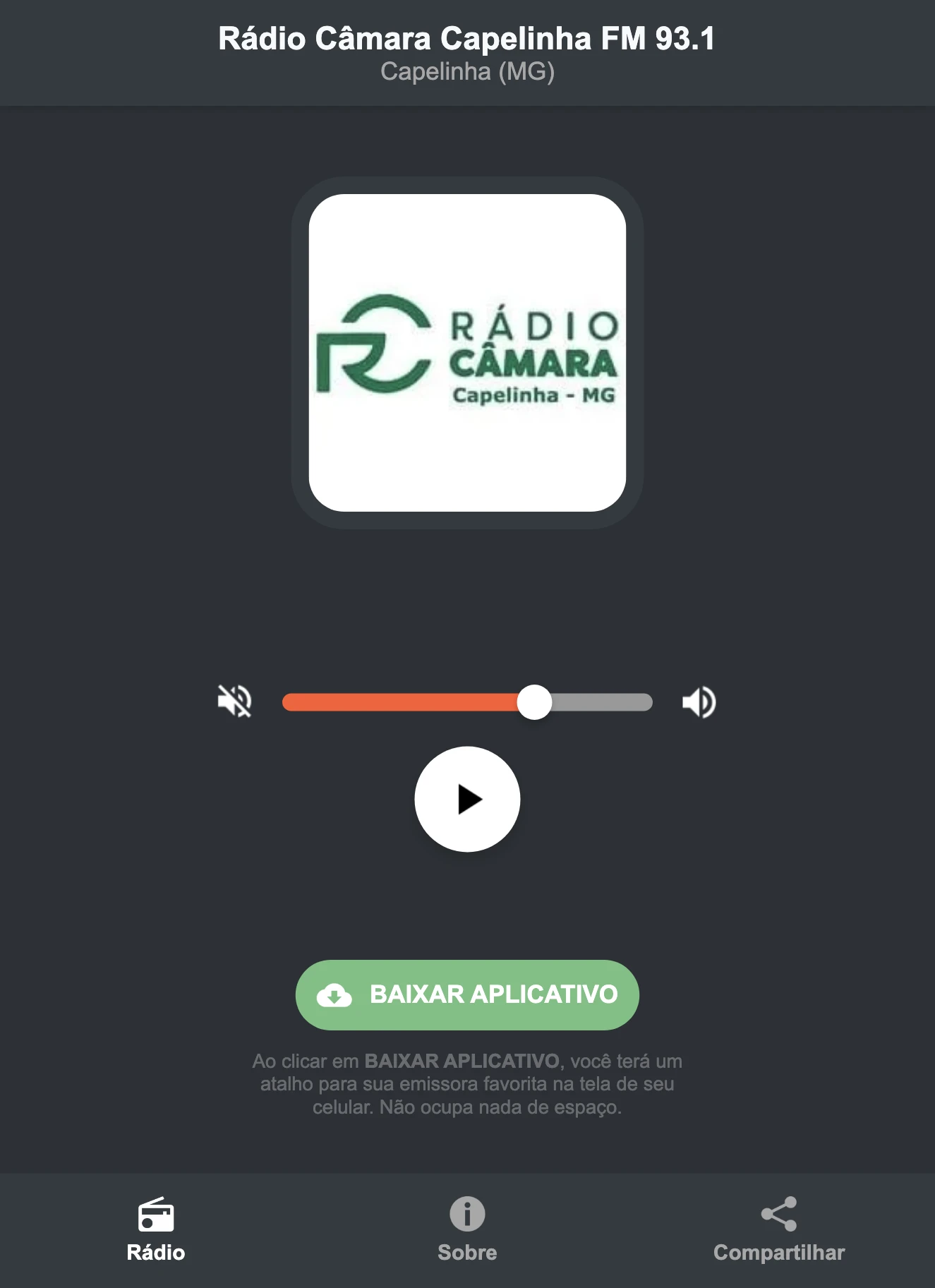 Screenshot do aplicativo da Rádio Câmara Capelinha FM 93.1