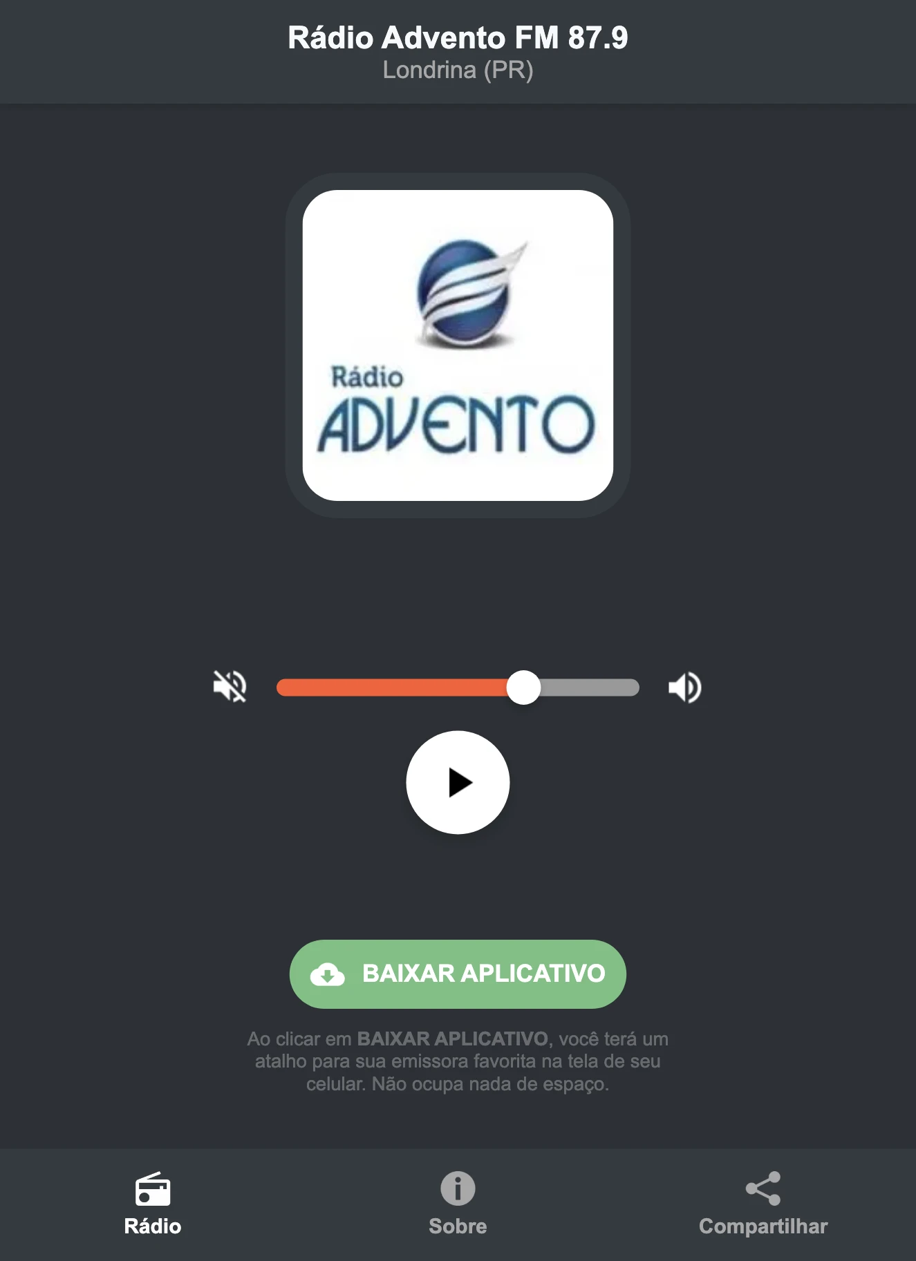 Screenshot do aplicativo da Rádio Advento FM 87.9