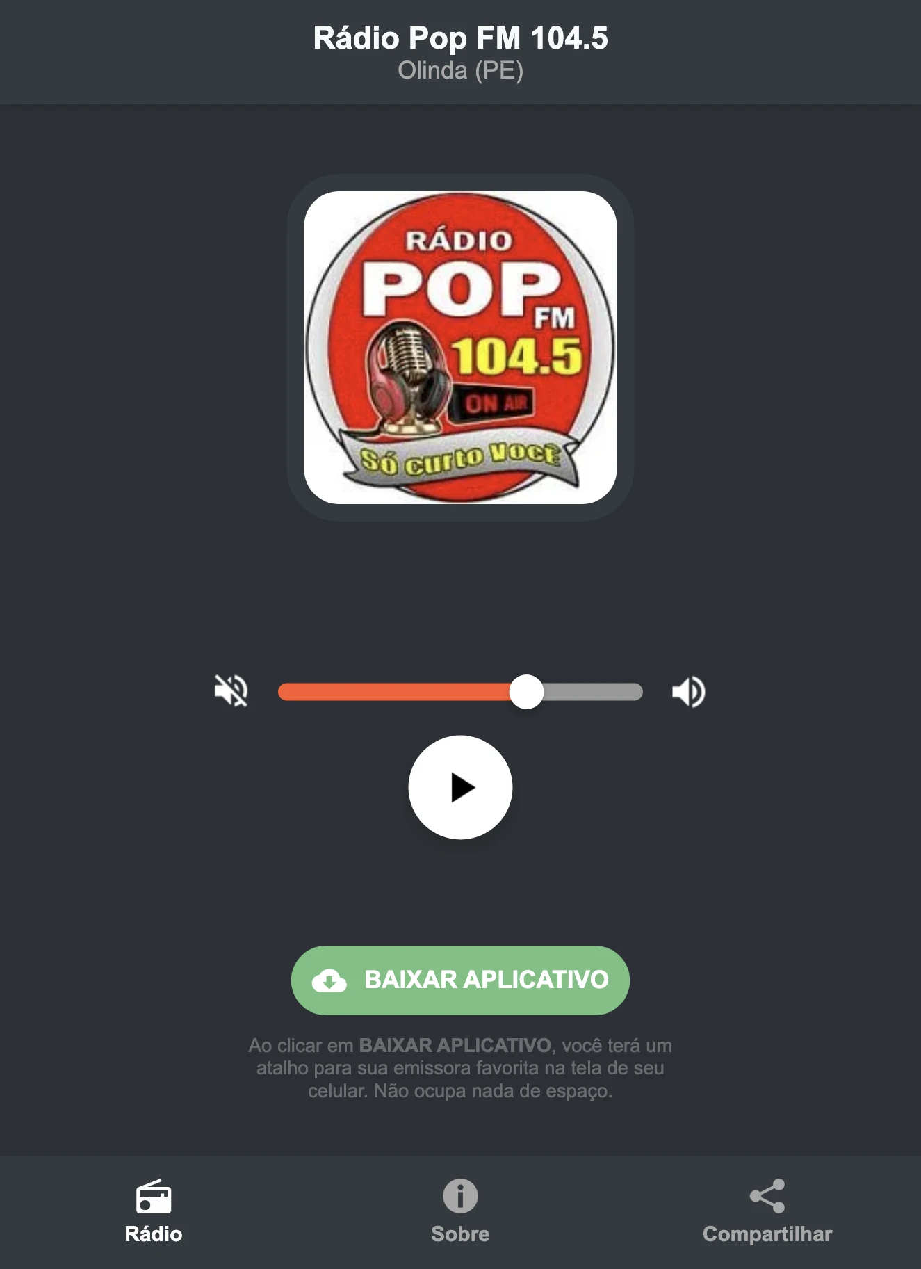 Screenshot do aplicativo da Rádio Pop FM 104.5